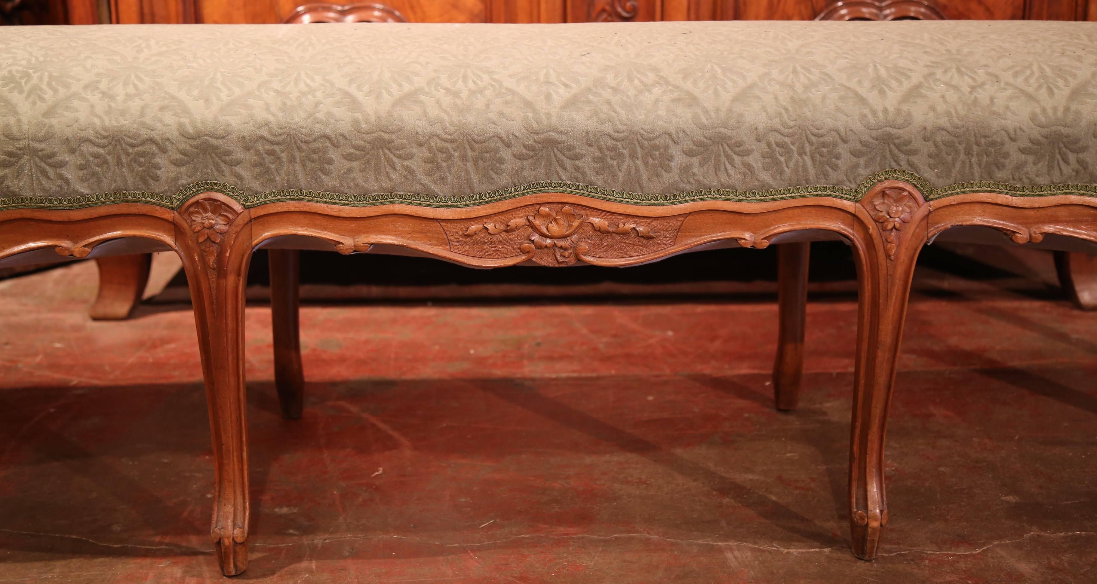 Velvet 19th Century French Louis XV Carved Walnut Eight-Leg Backless Bench