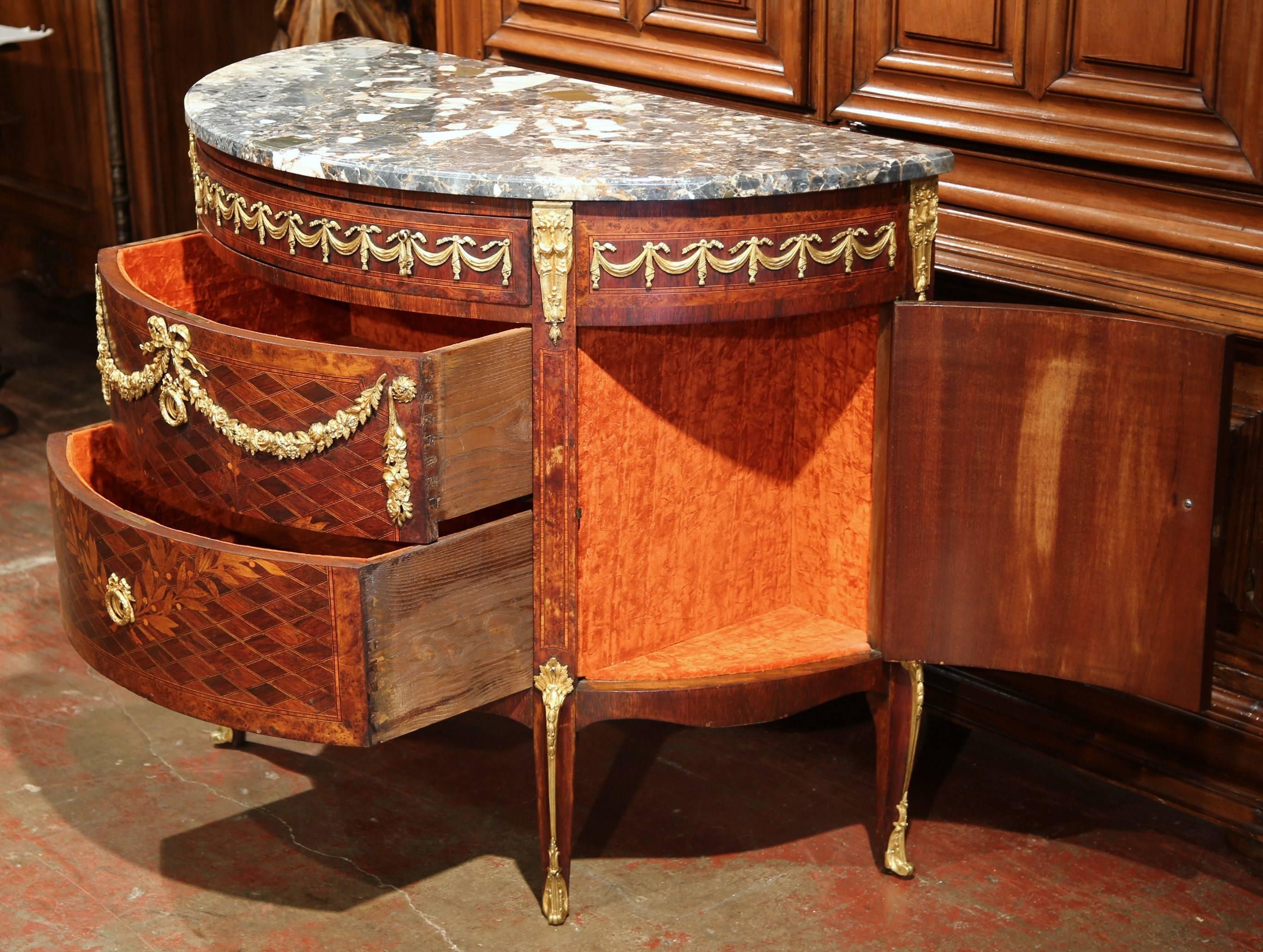 Bronze 19th Century French Bombe Demi-Lune Marquetry Commode with Marble Top