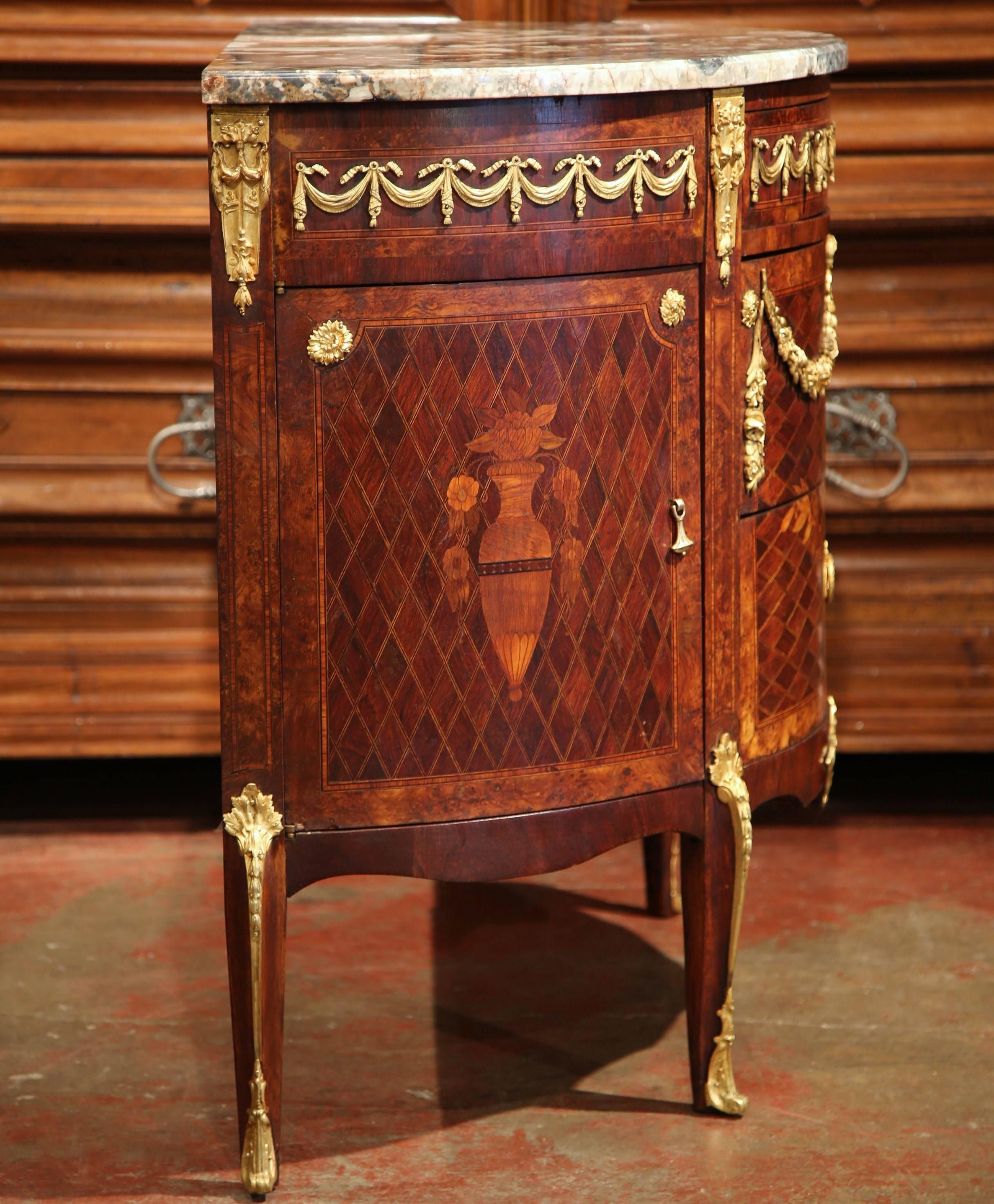 19th Century French Bombe Demi-Lune Marquetry Commode with Marble Top 2