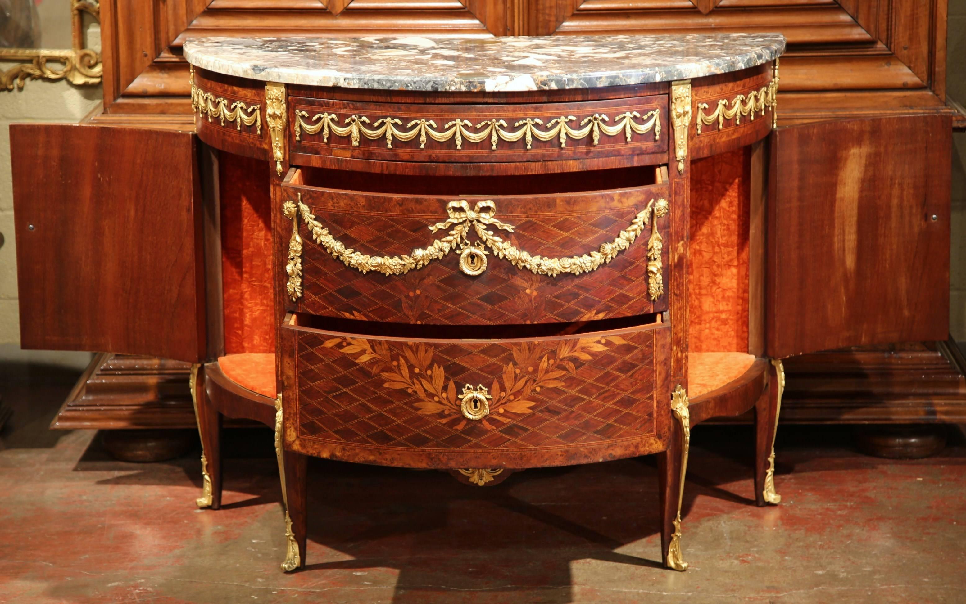 Patinated 19th Century French Bombe Demi-Lune Marquetry Commode with Marble Top