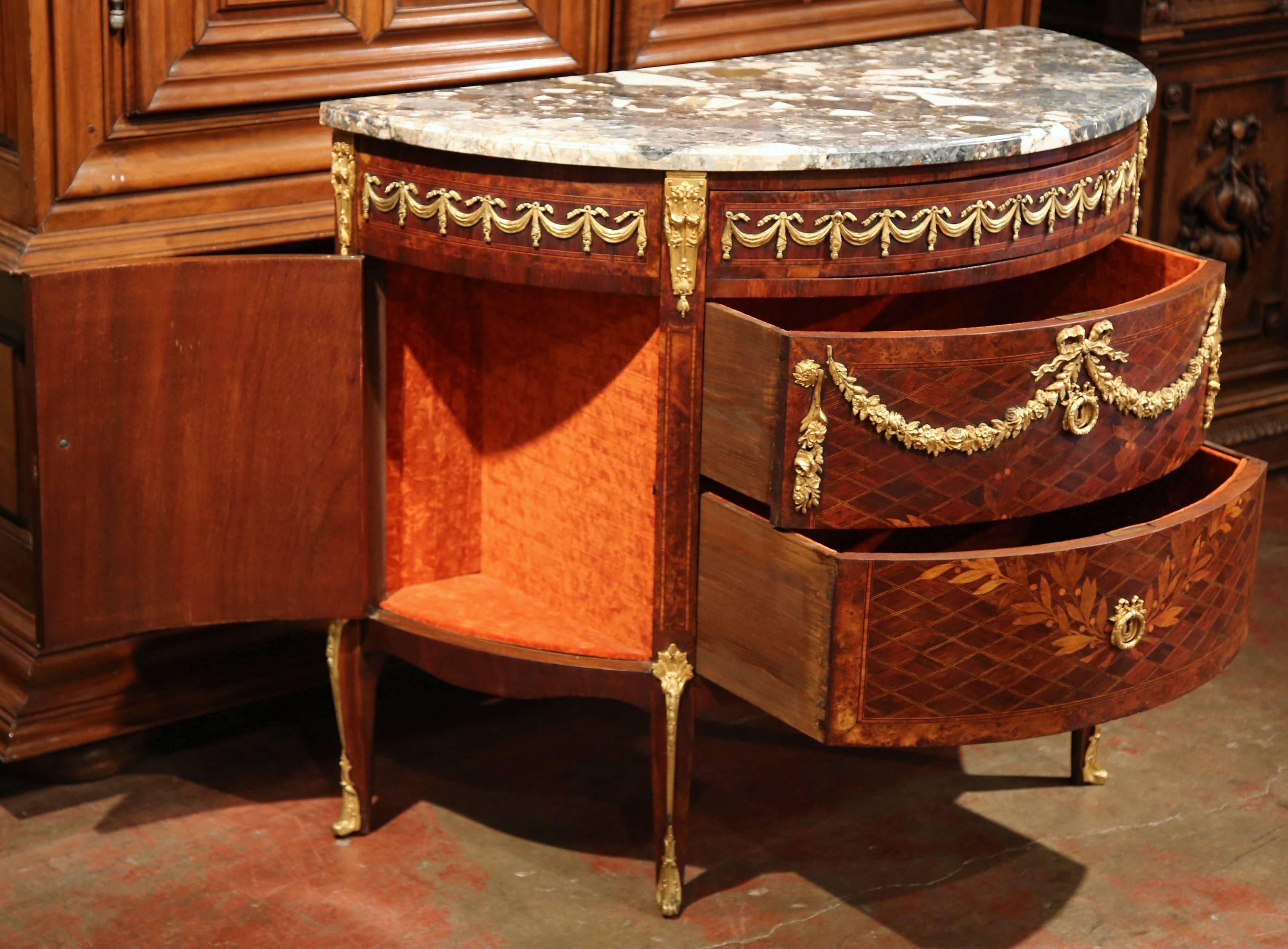 19th Century French Bombe Demi-Lune Marquetry Commode with Marble Top In Excellent Condition In Dallas, TX
