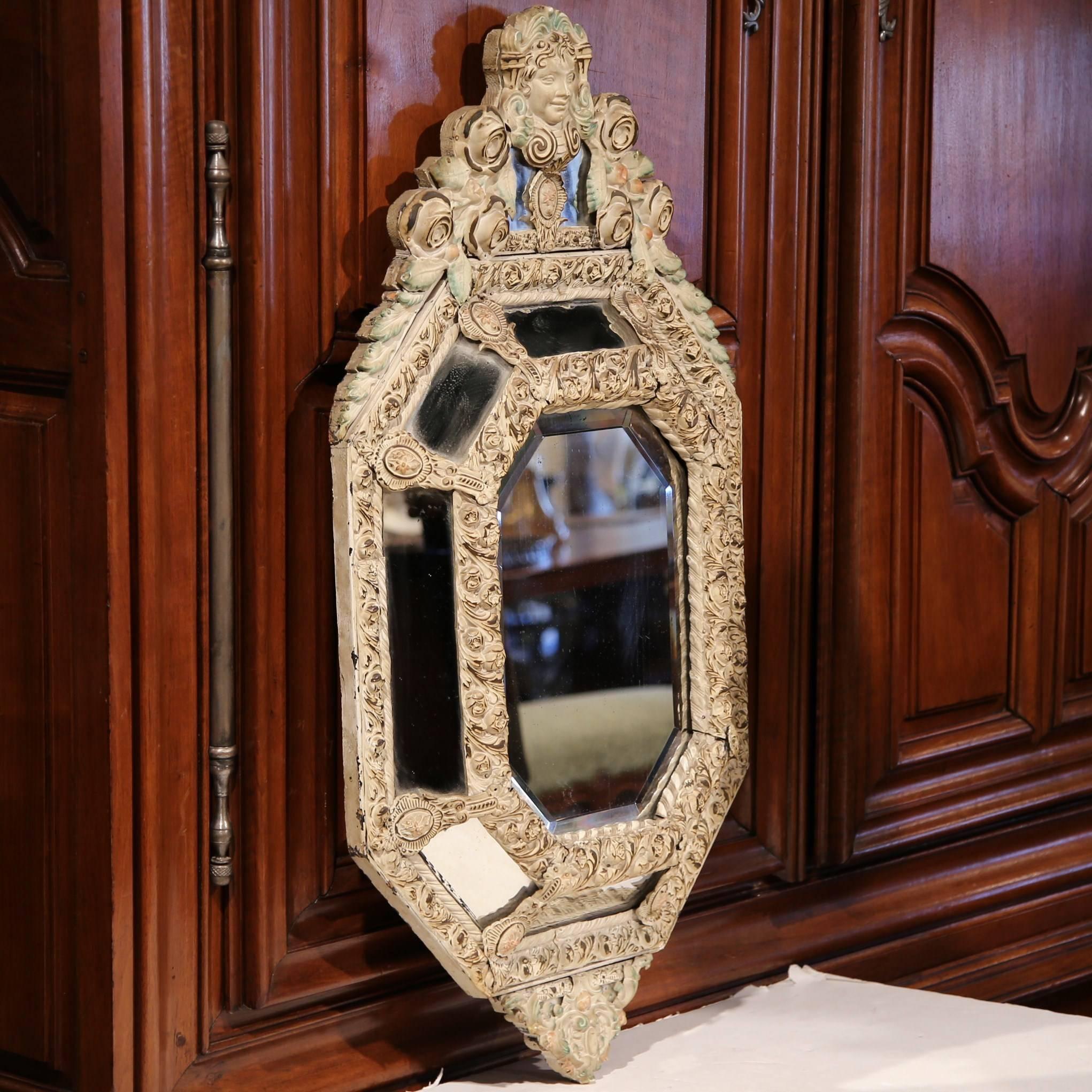 19th Century French Hand Painted Octagonal Repousse Overlay Tole Wall Mirror In Excellent Condition In Dallas, TX