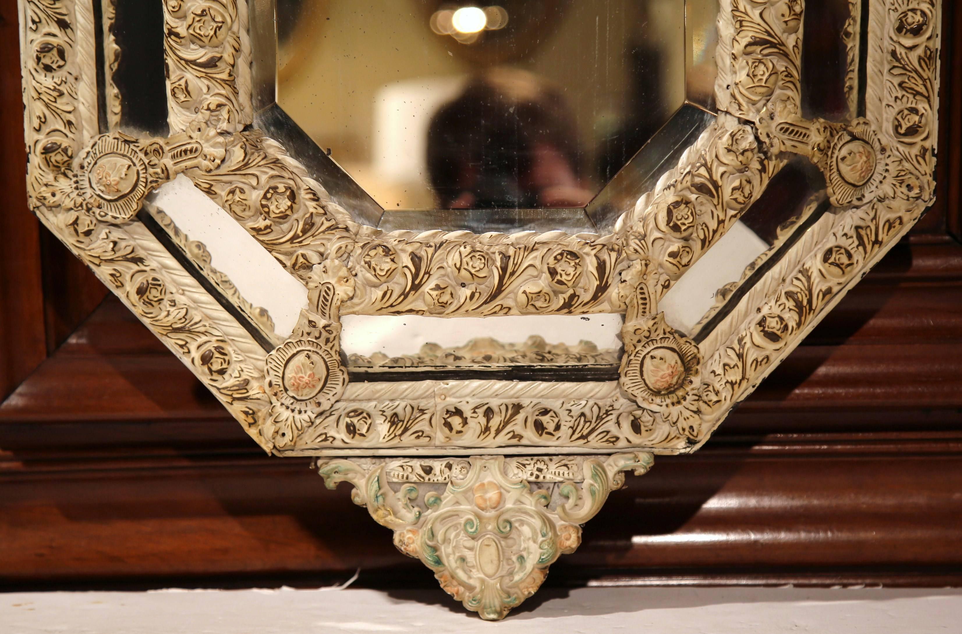 19th Century French Hand Painted Octagonal Repousse Overlay Tole Wall Mirror 1