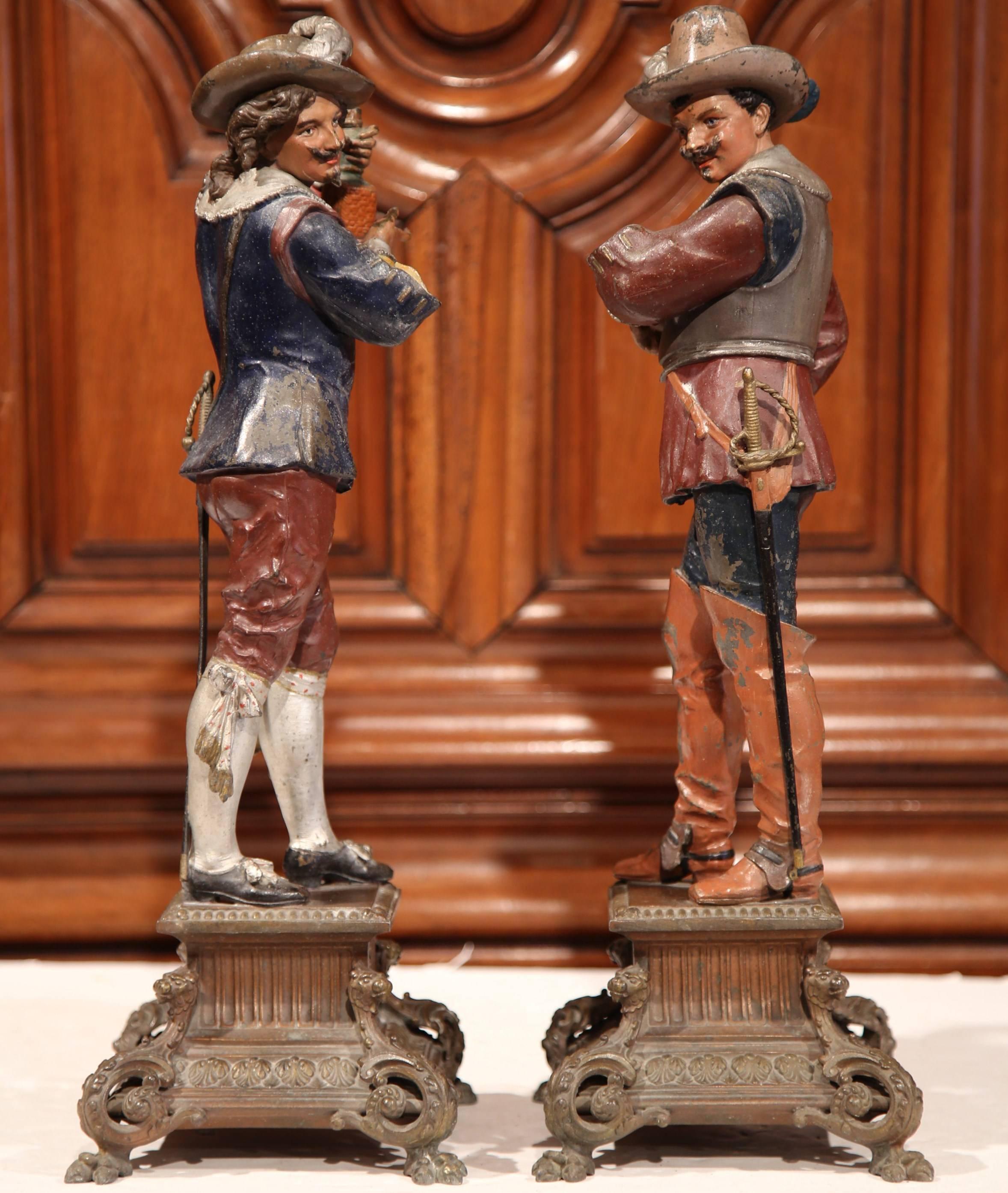 Hand-Crafted Pair of 19th Century French Hand Painted Spelter Musketeer Figures on Stand