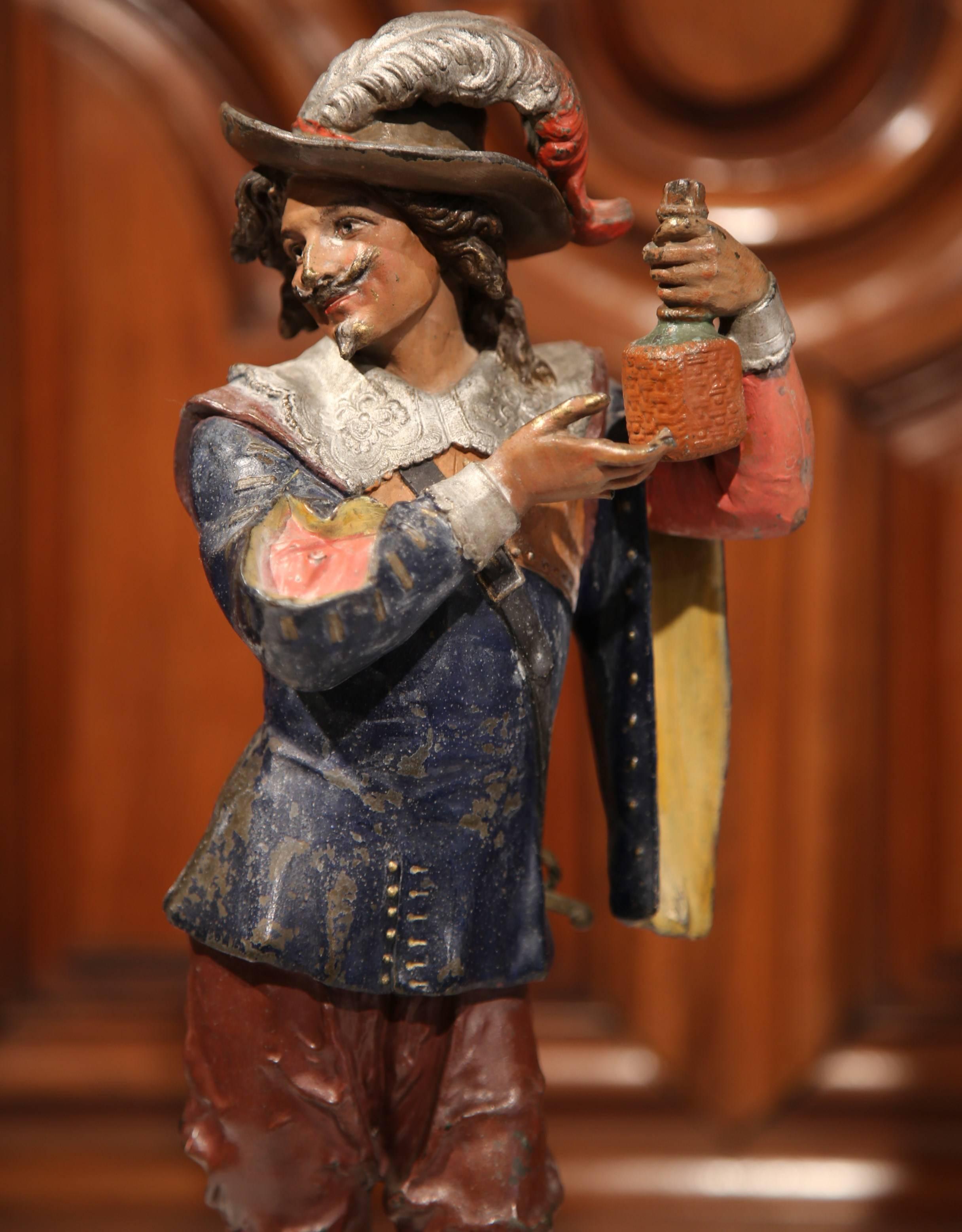Pair of 19th Century French Hand Painted Spelter Musketeer Figures on Stand 2