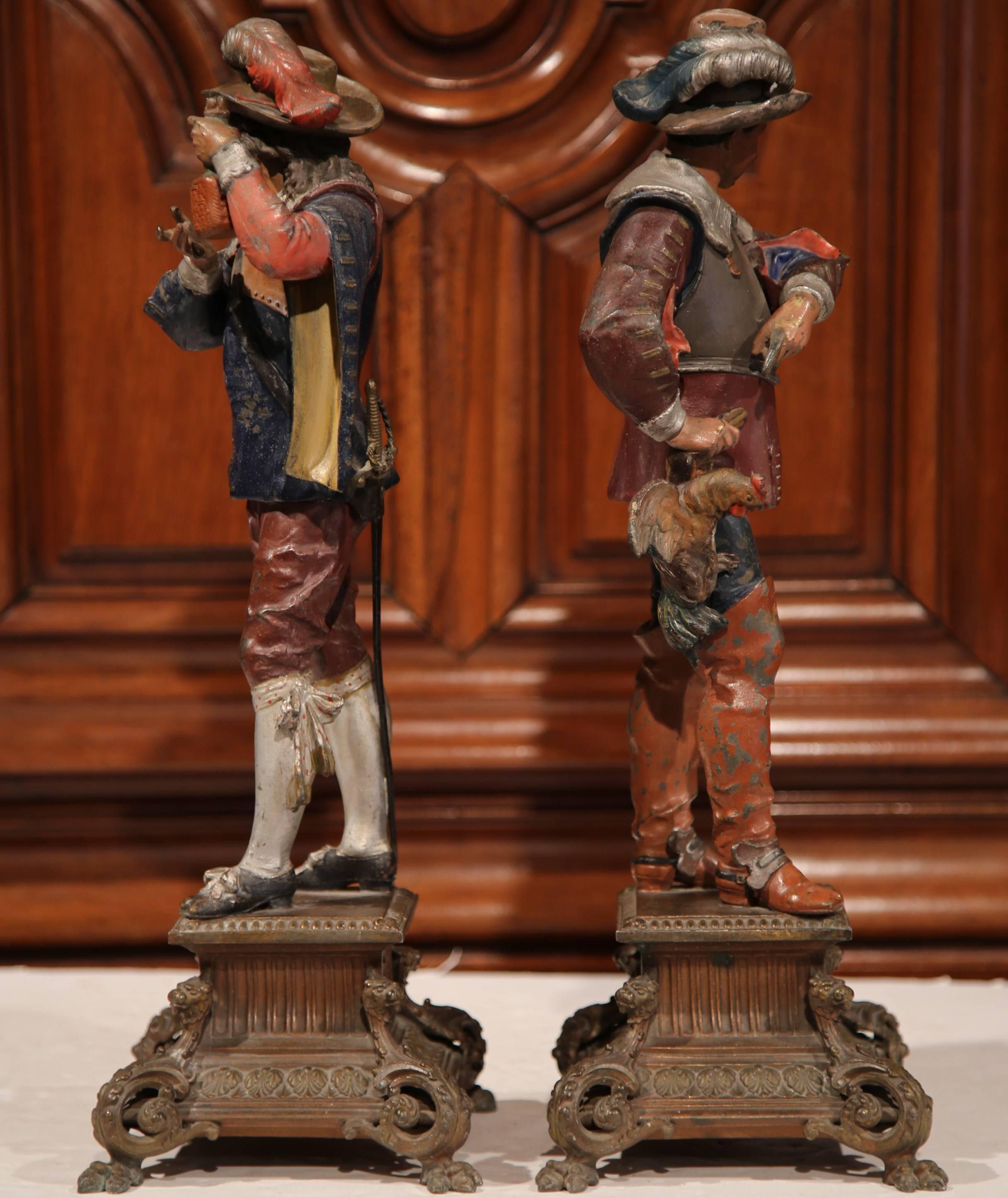 Pair of 19th Century French Hand Painted Spelter Musketeer Figures on Stand 1