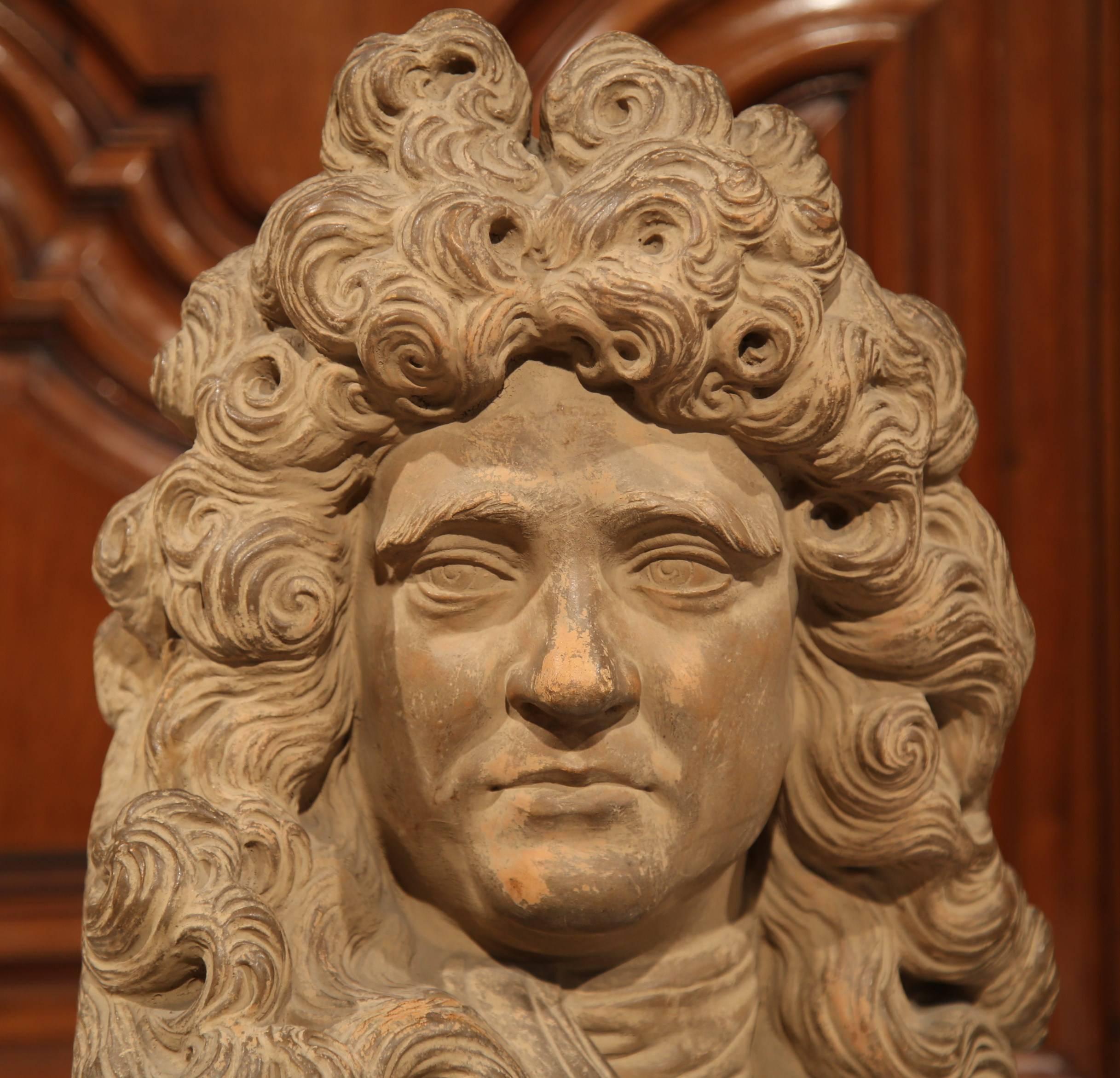 Hand-Carved Early 20th Century Carved Patinated Terracotta Bust of French Writer Moliere