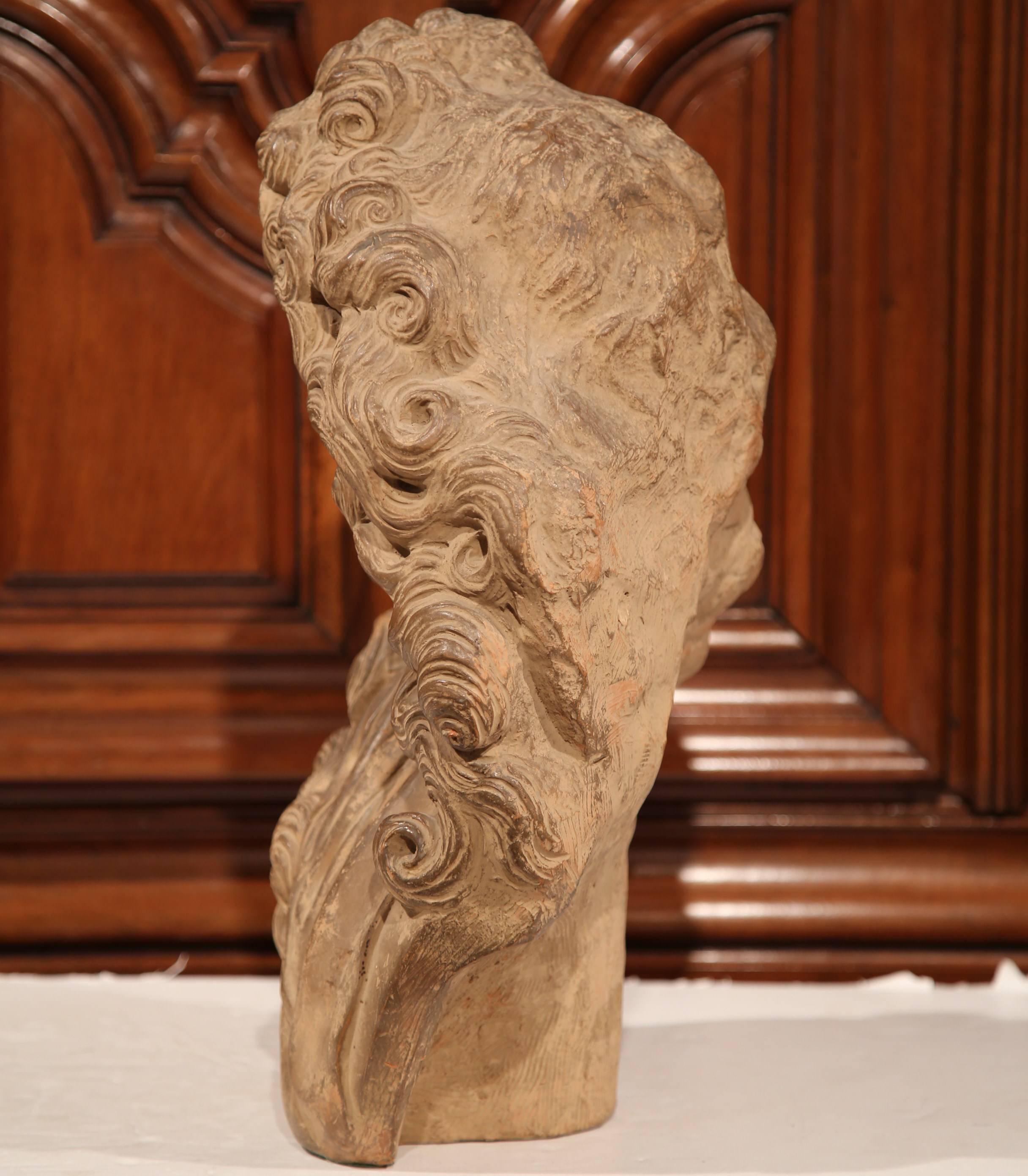 Early 20th Century Carved Patinated Terracotta Bust of French Writer Moliere In Excellent Condition In Dallas, TX