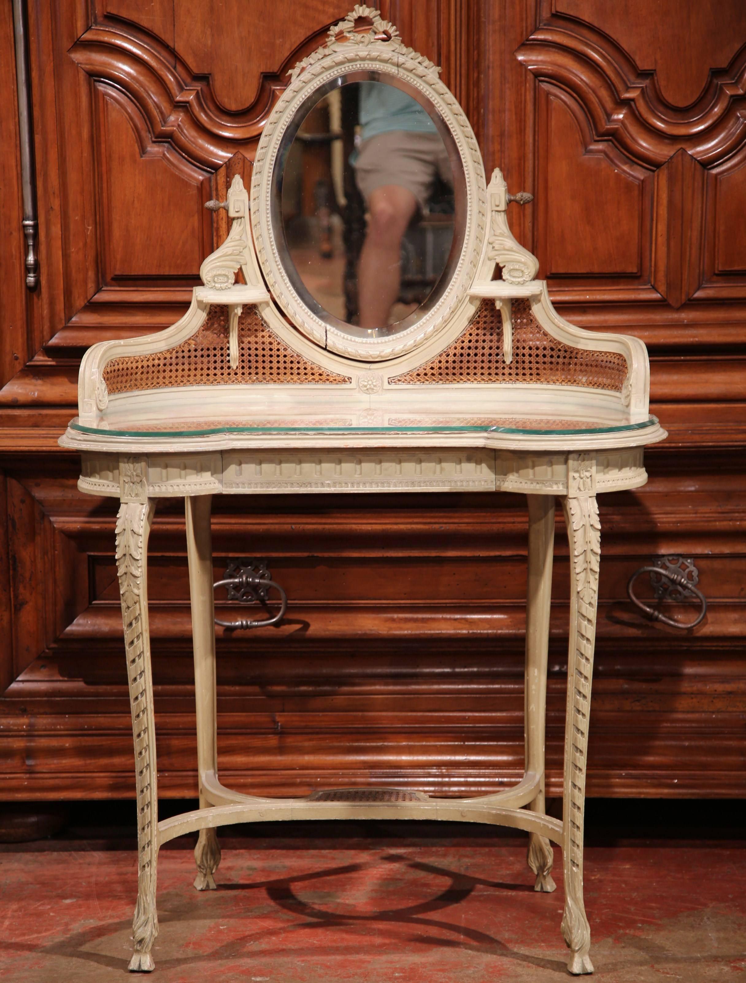 Beveled 19th Century French Louis XVI Carved and Painted Vanity Coiffeuse with Cane