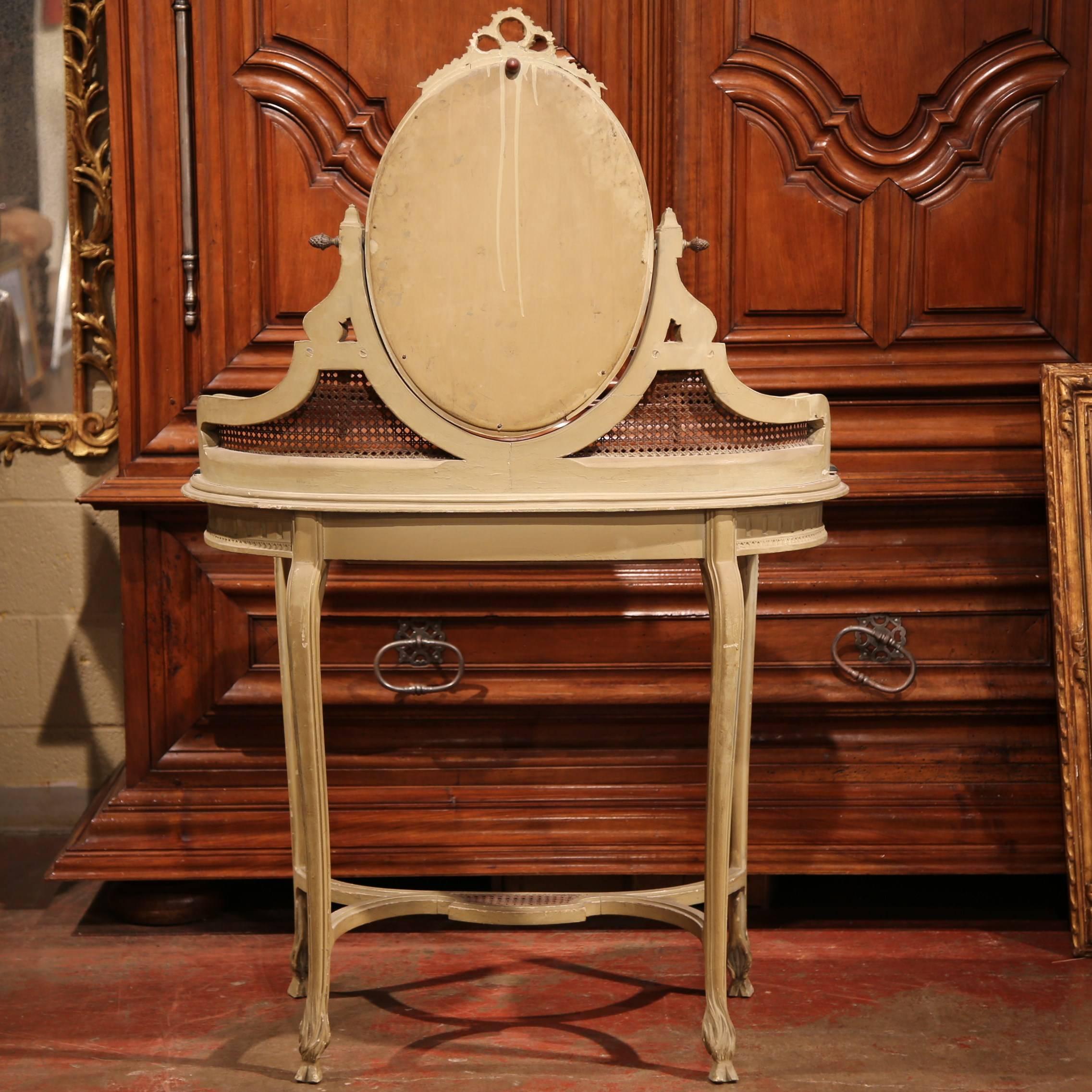 19th Century French Louis XVI Carved and Painted Vanity Coiffeuse with Cane 1