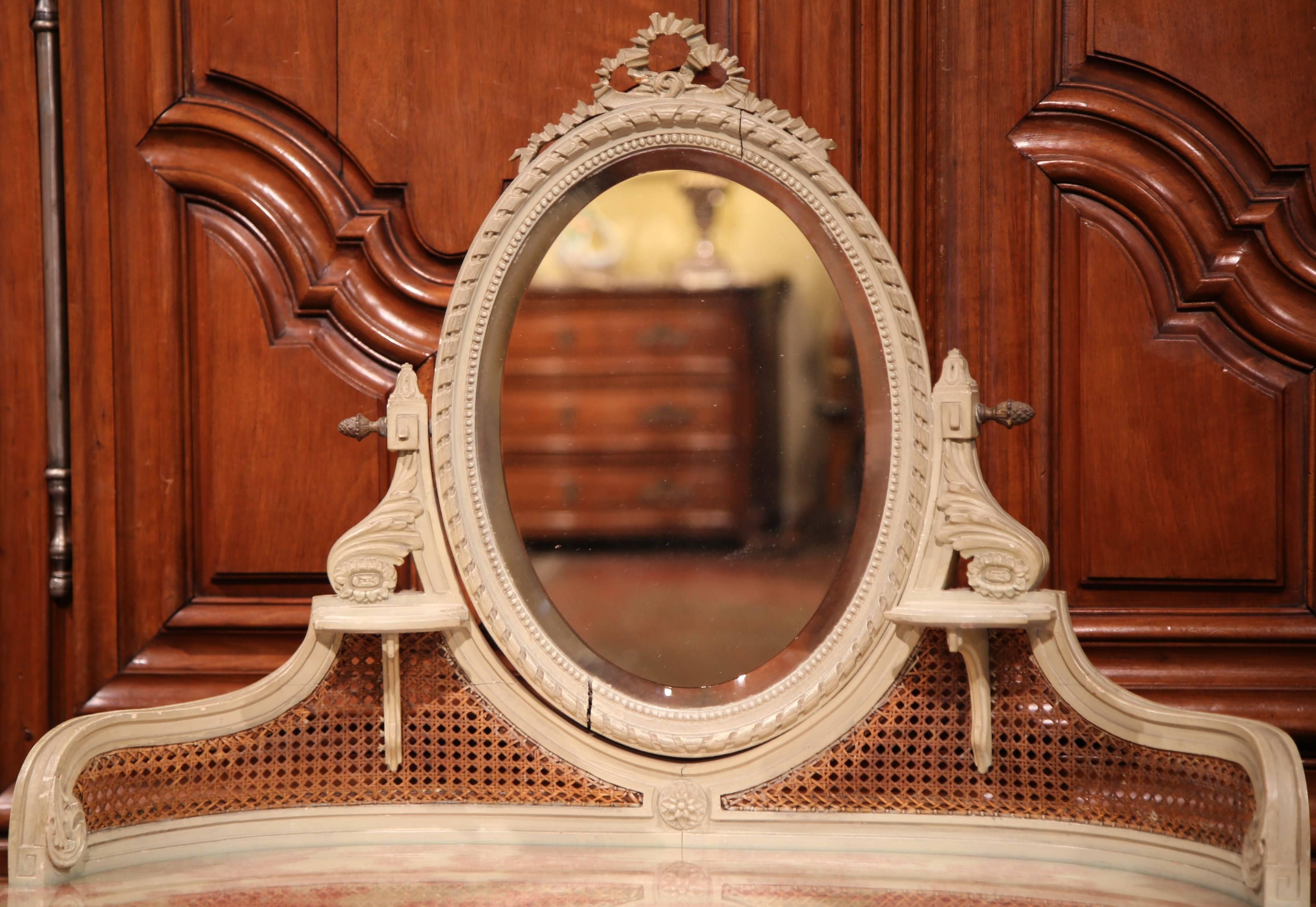 19th Century French Louis XVI Carved and Painted Vanity Coiffeuse with Cane In Excellent Condition In Dallas, TX