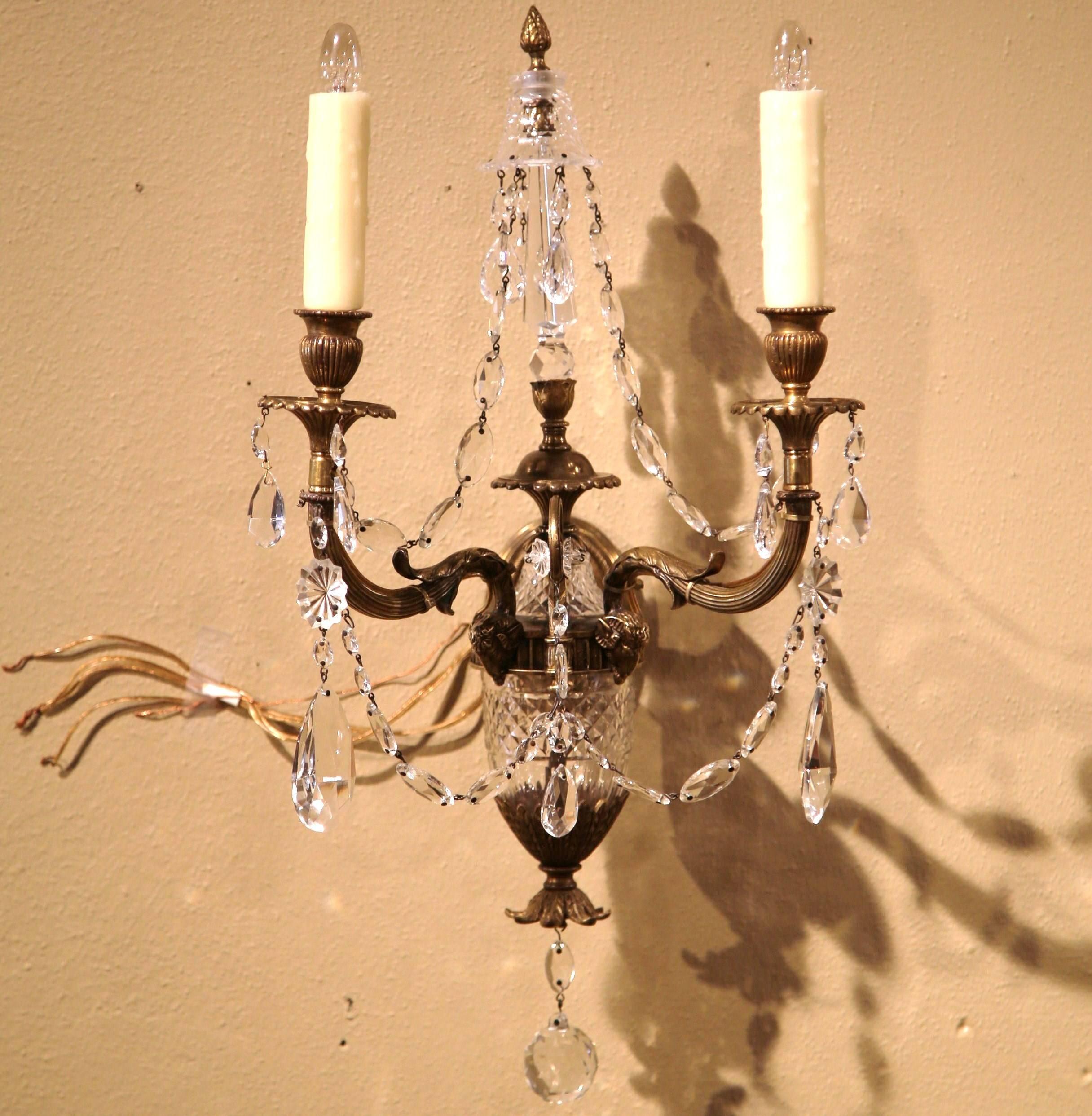Pair of 19th Century French Louis XVI Bronze and Cut-Glass Two-Light Sconces 1