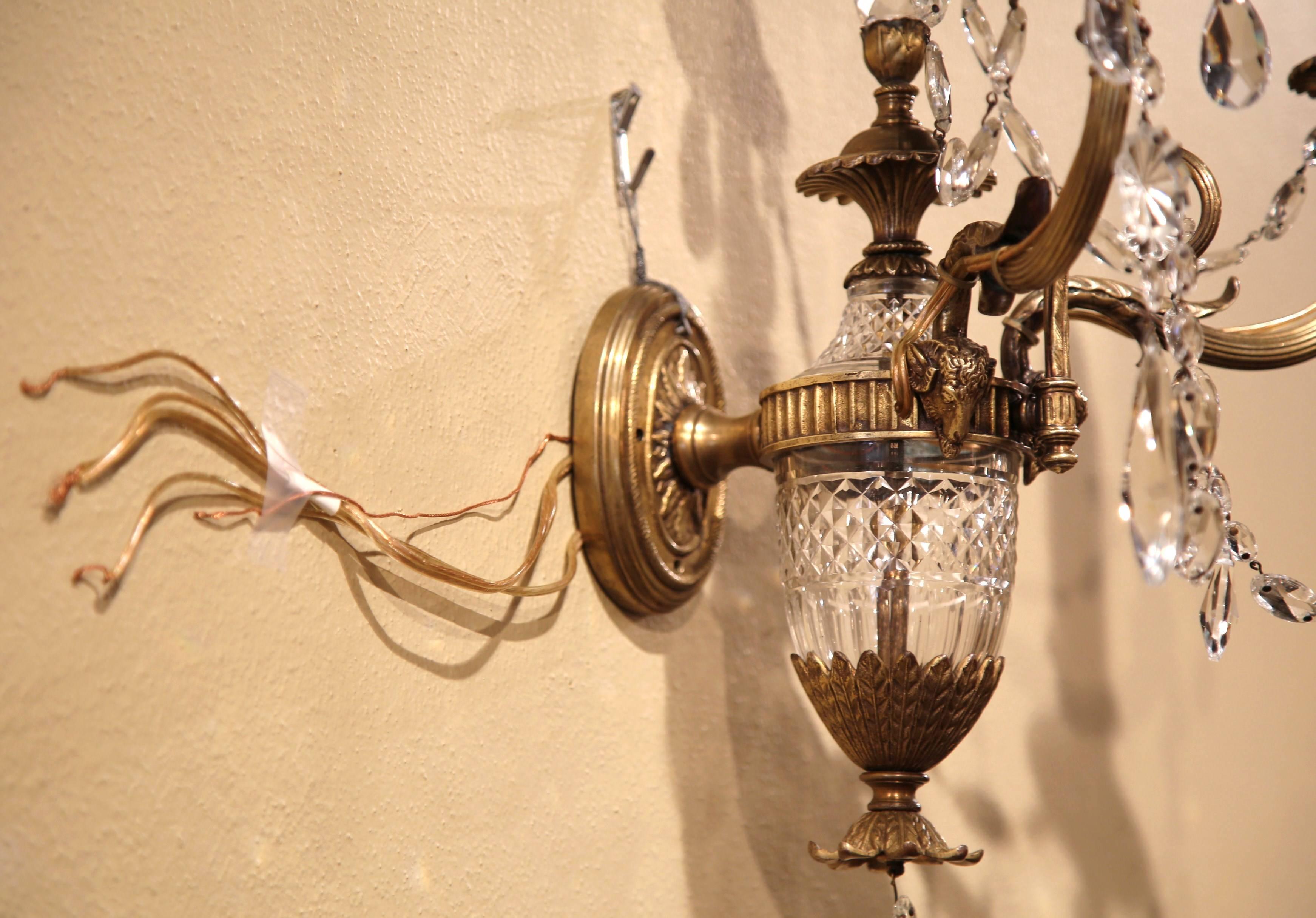 Pair of 19th Century French Louis XVI Bronze and Cut-Glass Two-Light Sconces In Excellent Condition In Dallas, TX