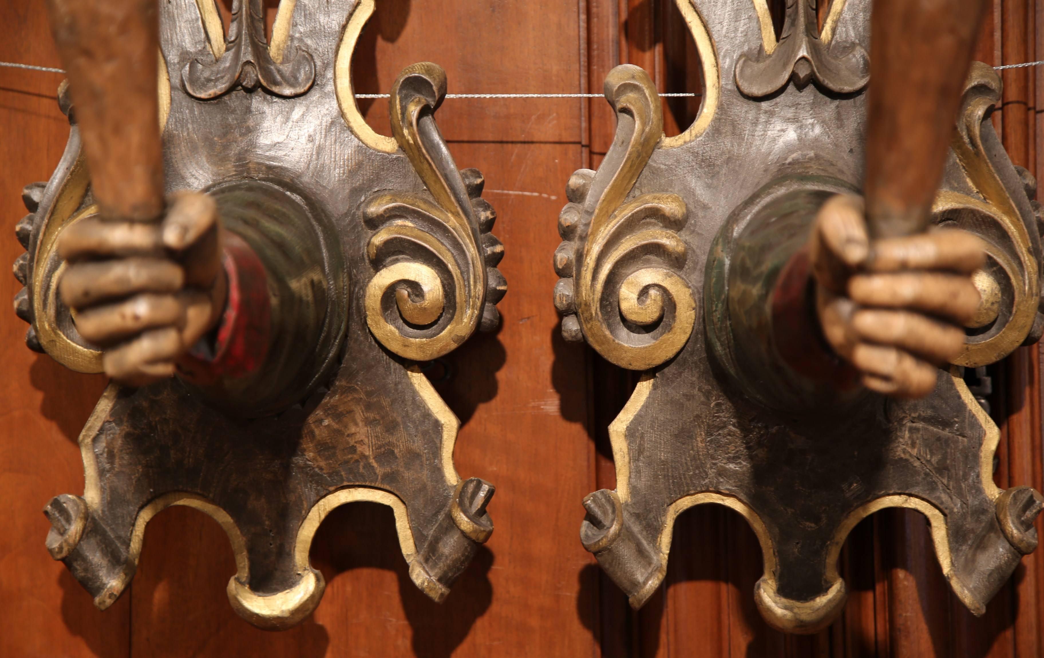 Pair of Early 20th Century Spanish Hand-Carved and Painted Wall Sconces 4