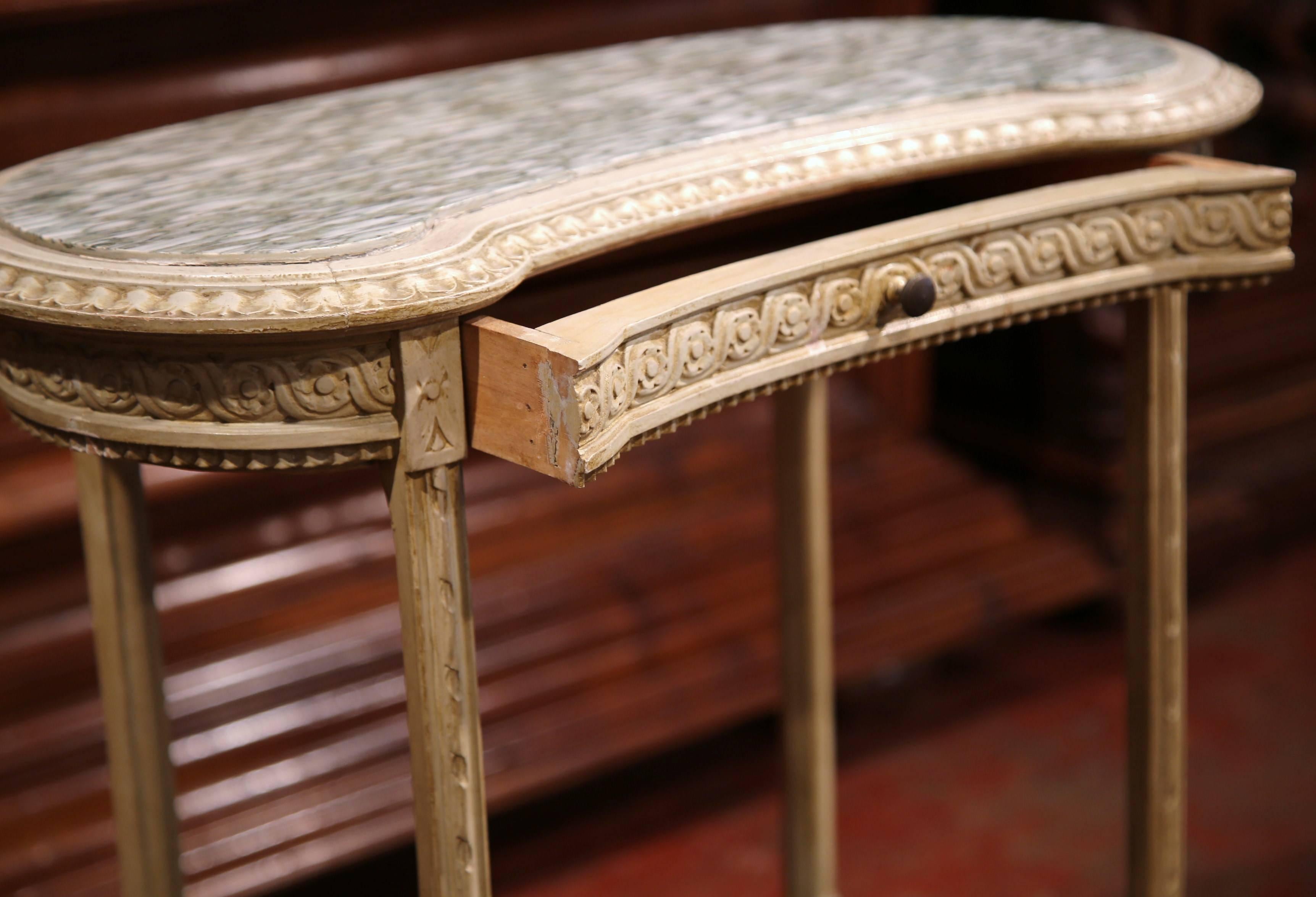 19th Century French Louis XVI Carved and Painted Kidney Table with Marble Top In Excellent Condition In Dallas, TX