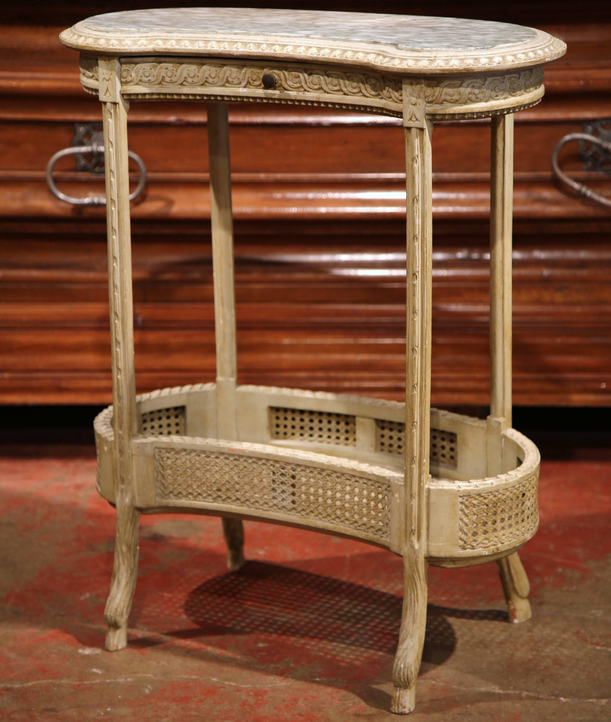 19th Century French Louis XVI Carved and Painted Kidney Table with Marble Top 2