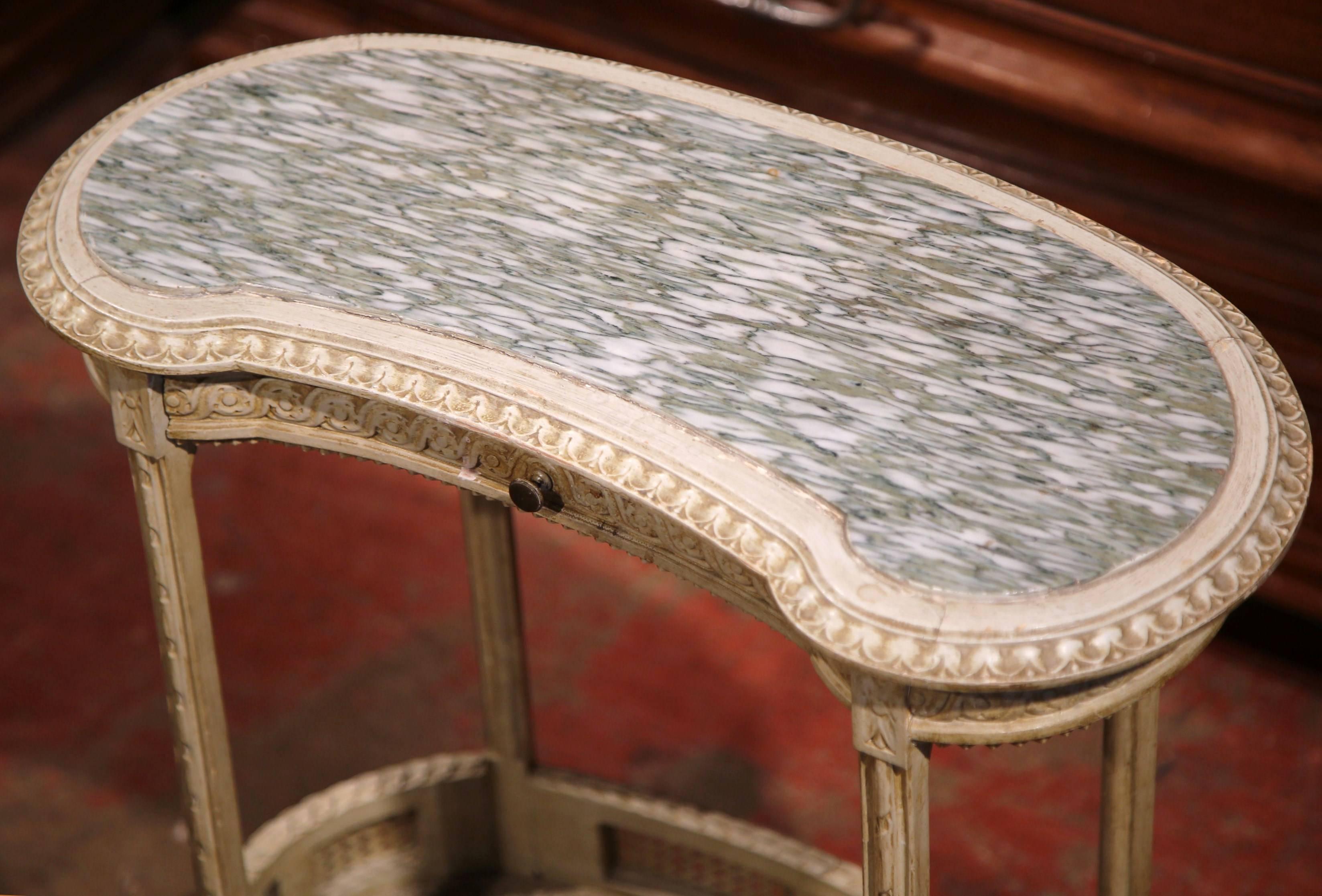 Hand-Carved 19th Century French Louis XVI Carved and Painted Kidney Table with Marble Top
