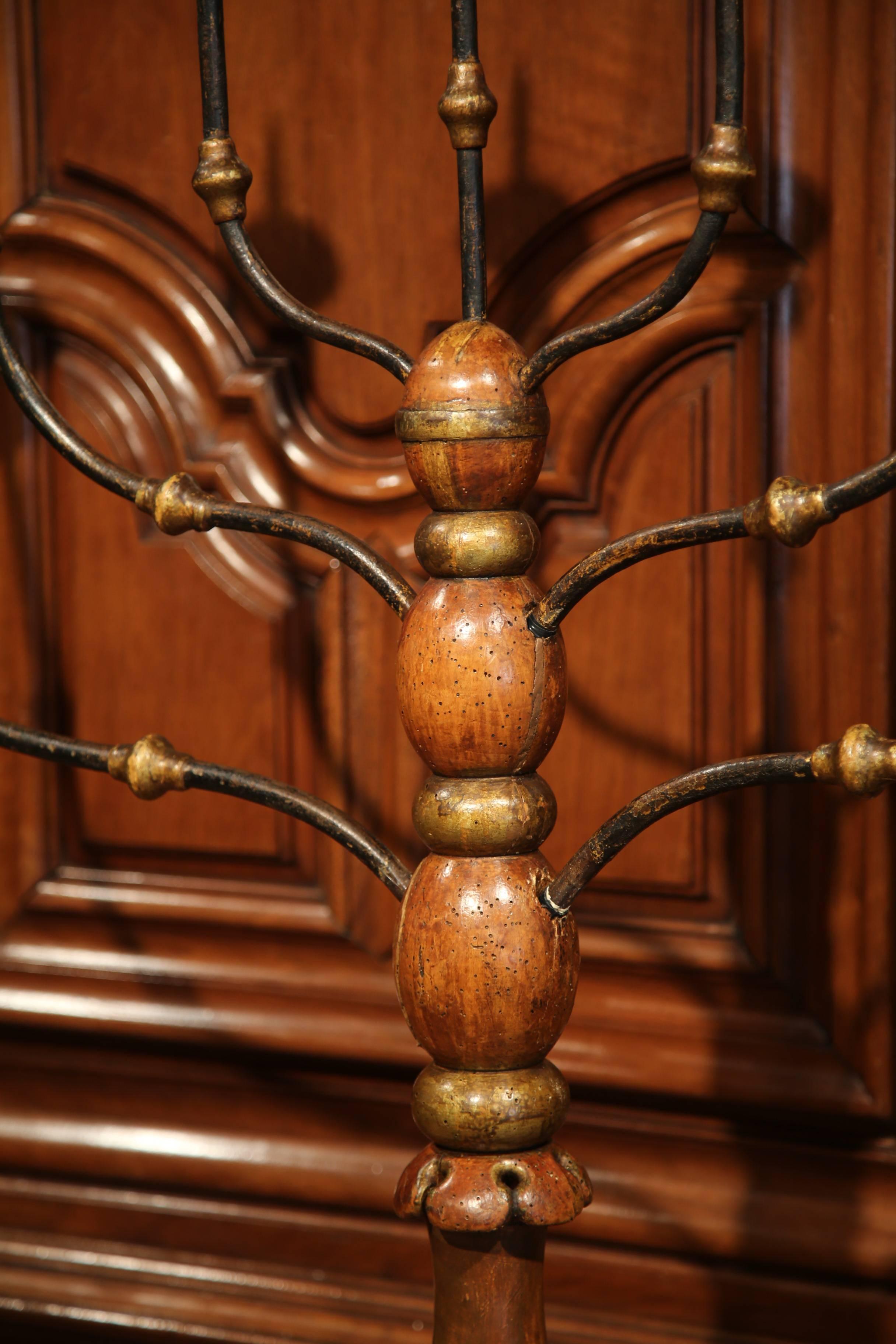 17th Century Italian Carved Painted Seven-Arm Forged Floor Lamp Candelabra In Good Condition For Sale In Dallas, TX