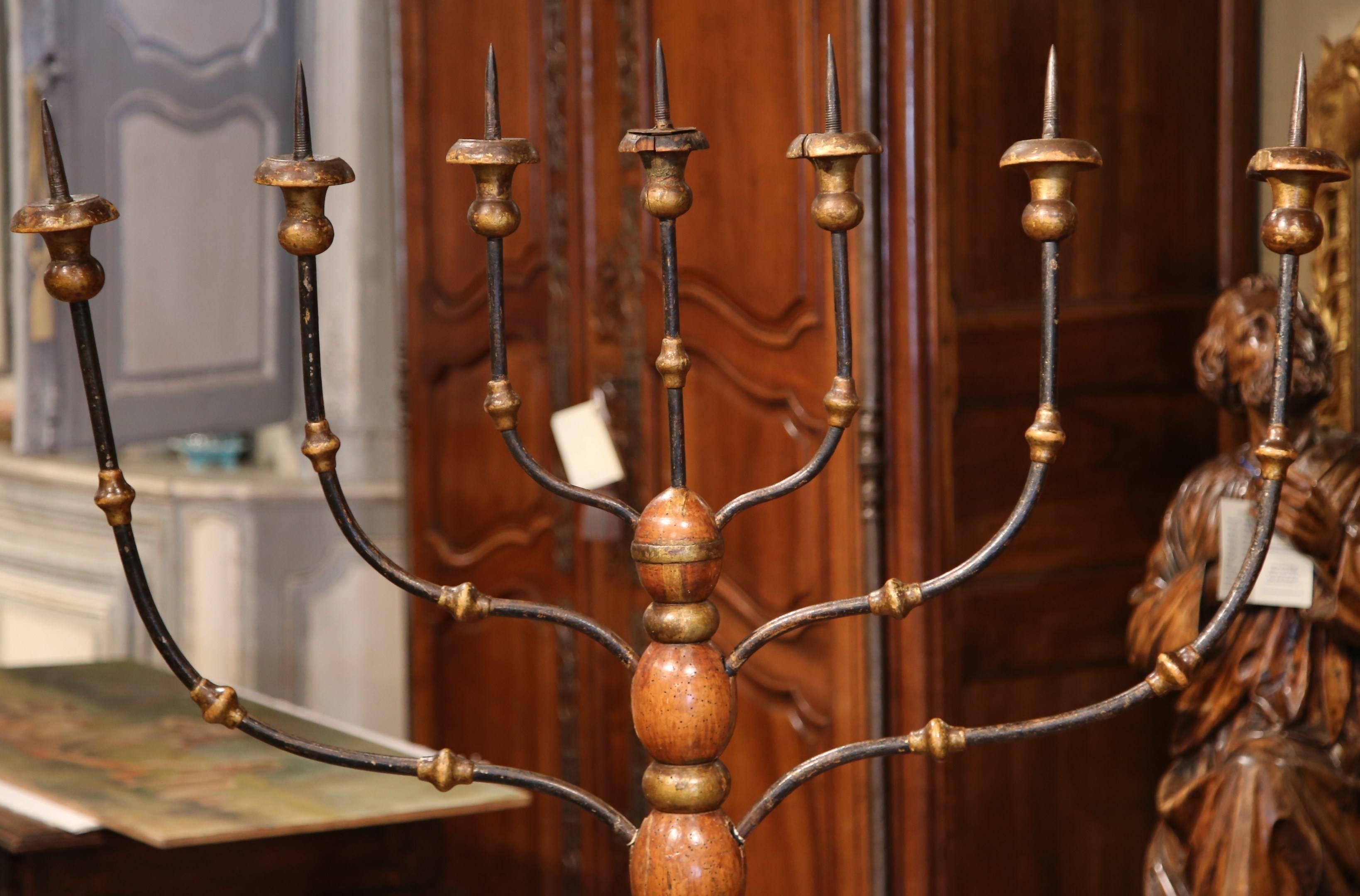 17th Century Italian Carved Painted Seven-Arm Forged Floor Lamp Candelabra For Sale 1