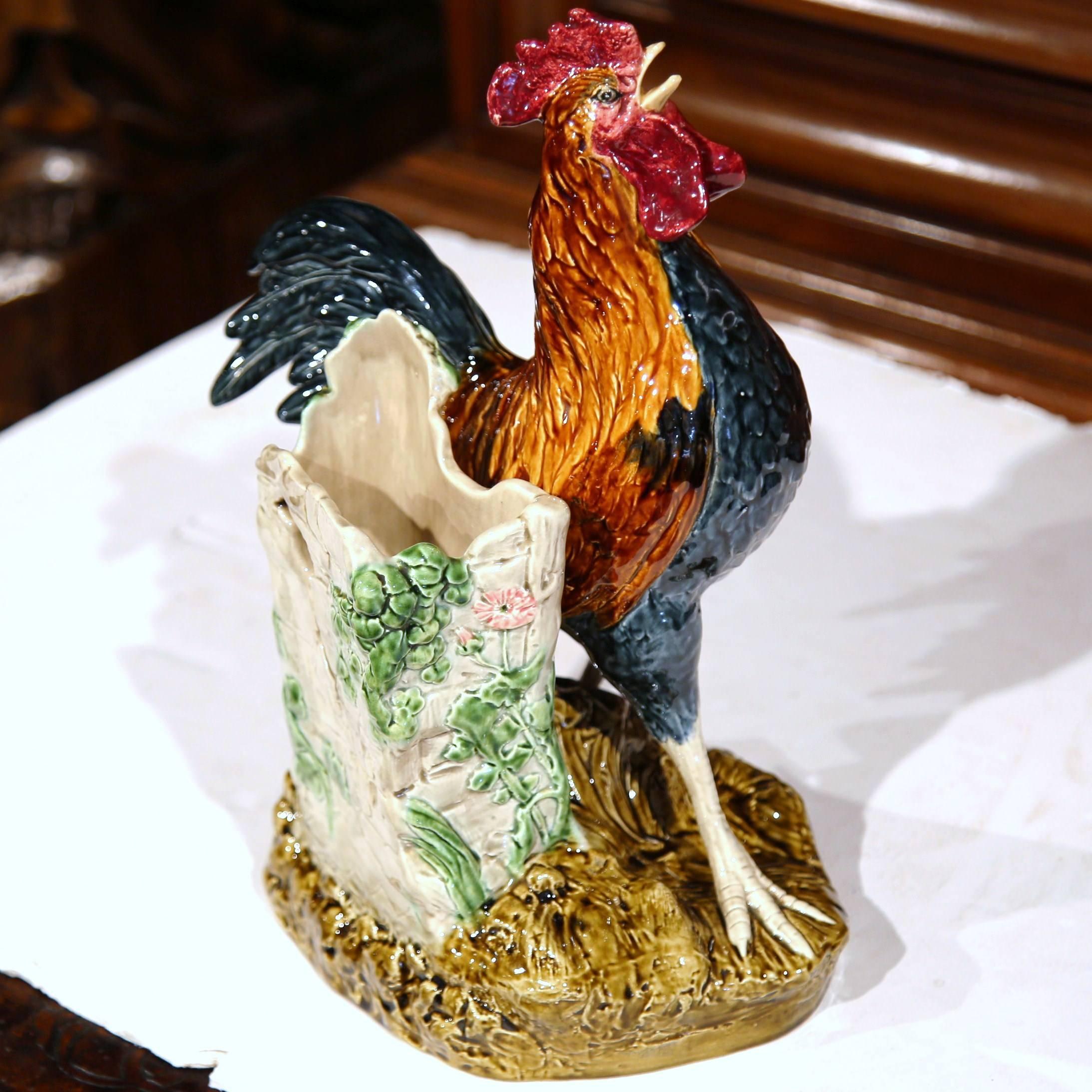 Faience 19th Century French Painted Barbotine Rooster Vase Signed Louis Carrier-Belleuse