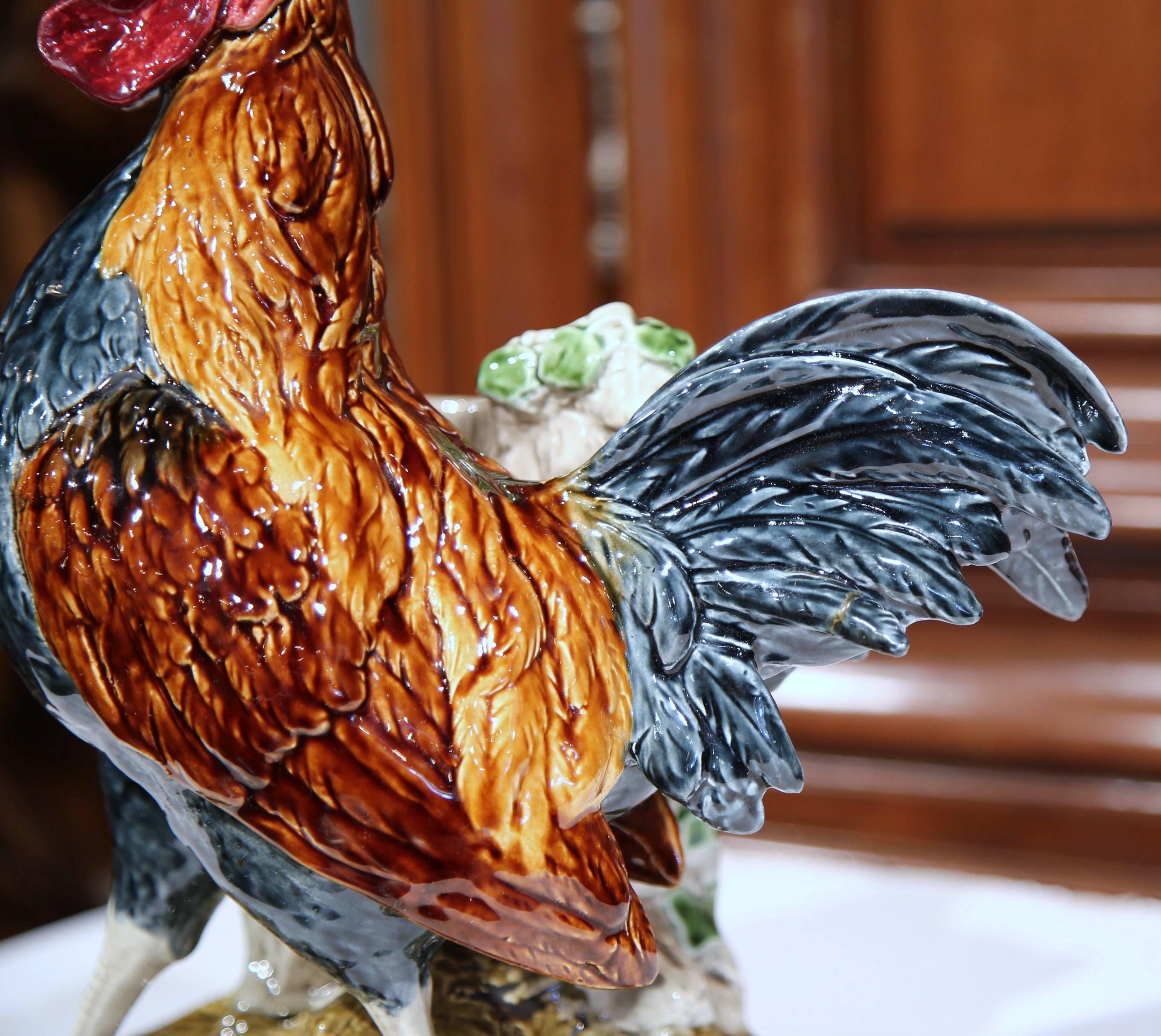 19th Century French Painted Barbotine Rooster Vase Signed Louis Carrier-Belleuse In Excellent Condition In Dallas, TX