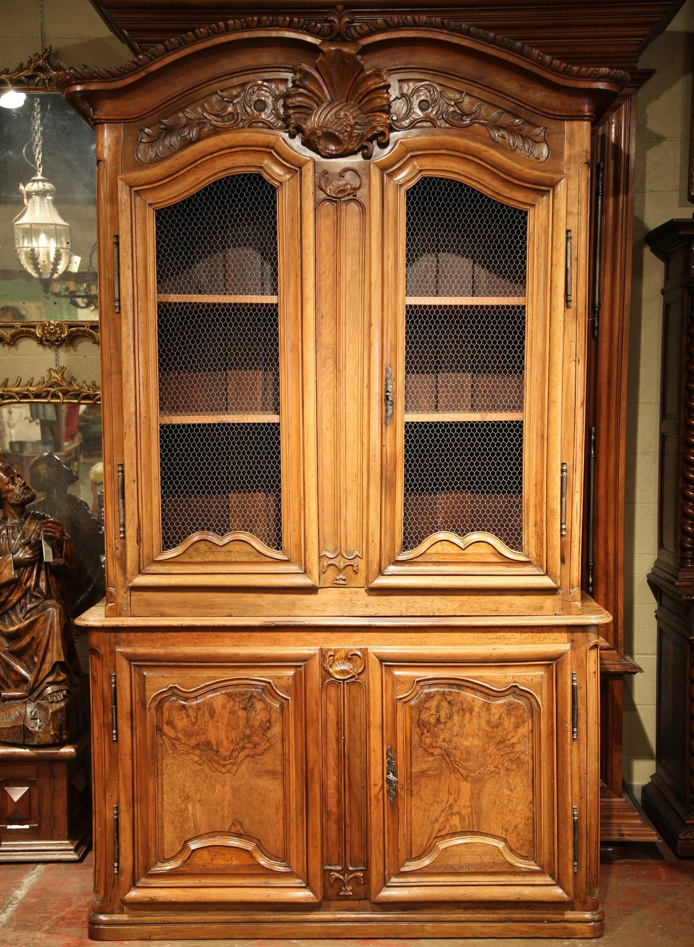 Régence 18th Century French Carved Walnut Buffet Deux Corps with Chicken Wire Doors