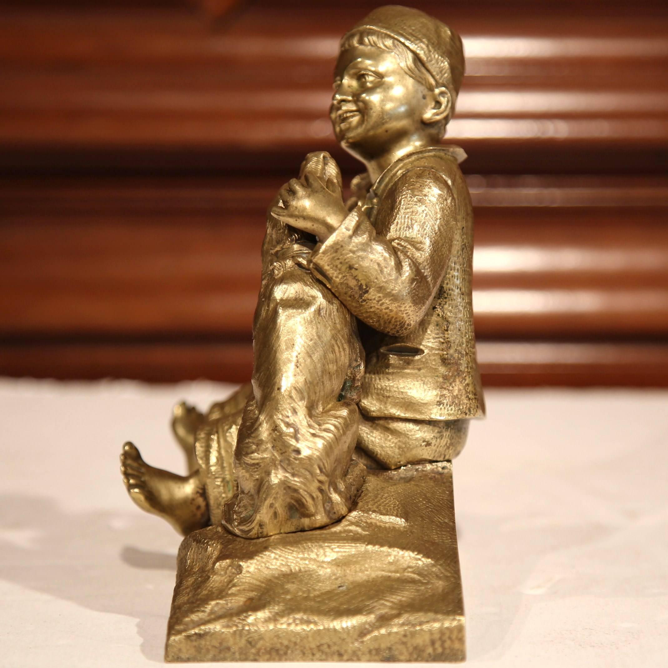 19th Century French Patinated Bronze Sculpture with Young Boy and Dog 1