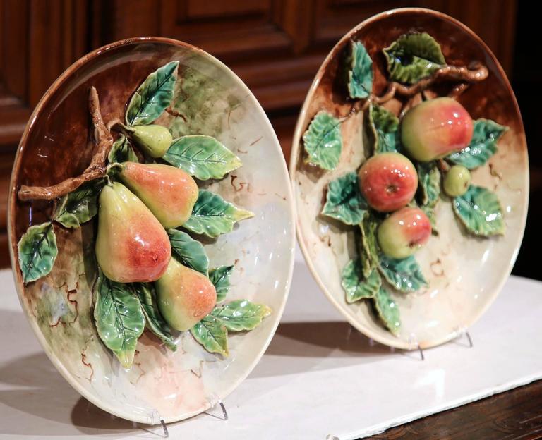Pair Of 19th Century French Hand Painted Barbotine Ceramics Fruit