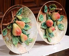 Pair of 19th Century French Hand Painted Barbotine Ceramics Fruit Plates