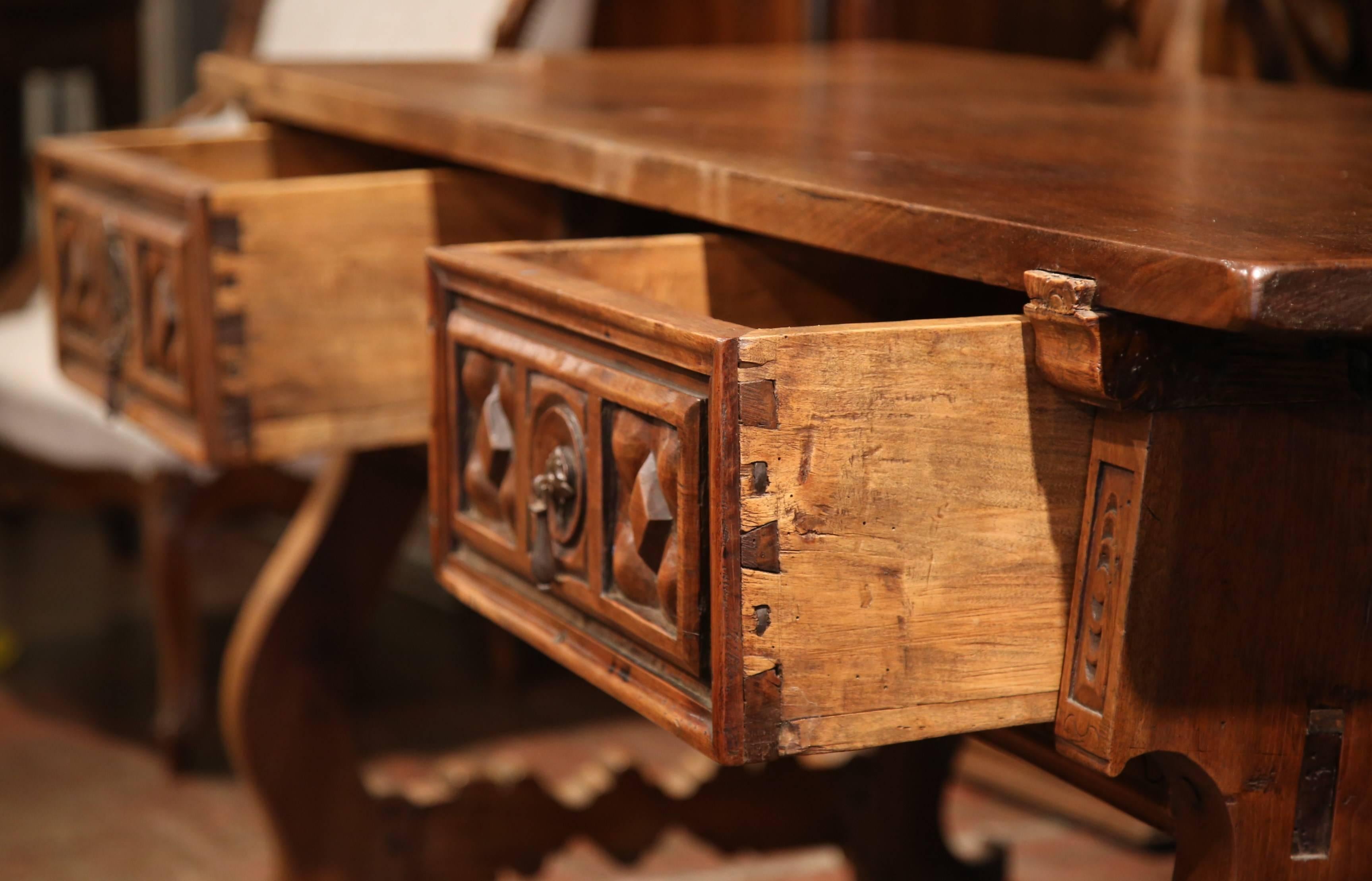 19th Century Spanish Carved Walnut Desk with Drawers and Single Plank Tabletop 1