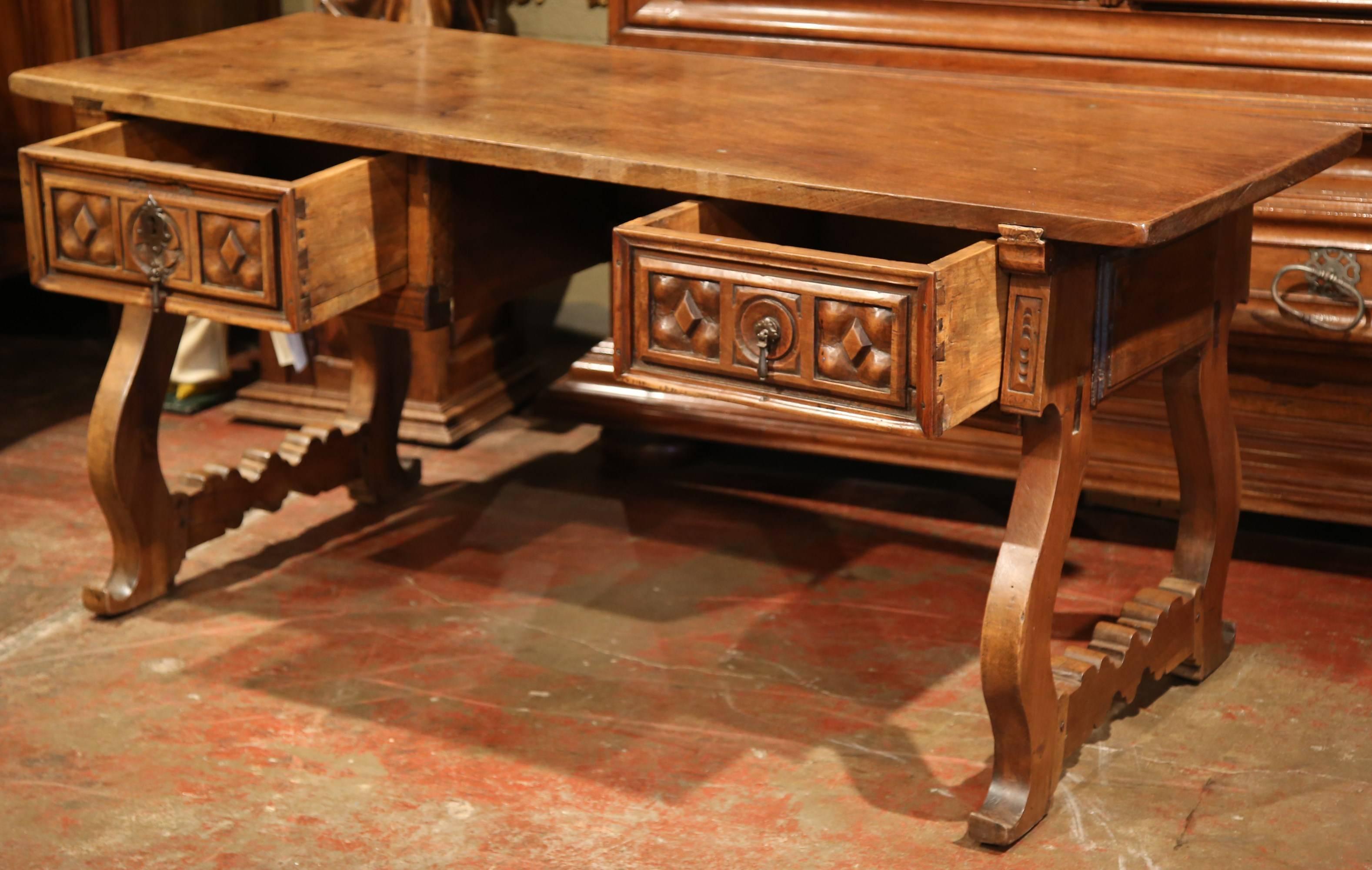 Hand-Carved 19th Century Spanish Carved Walnut Desk with Drawers and Single Plank Tabletop
