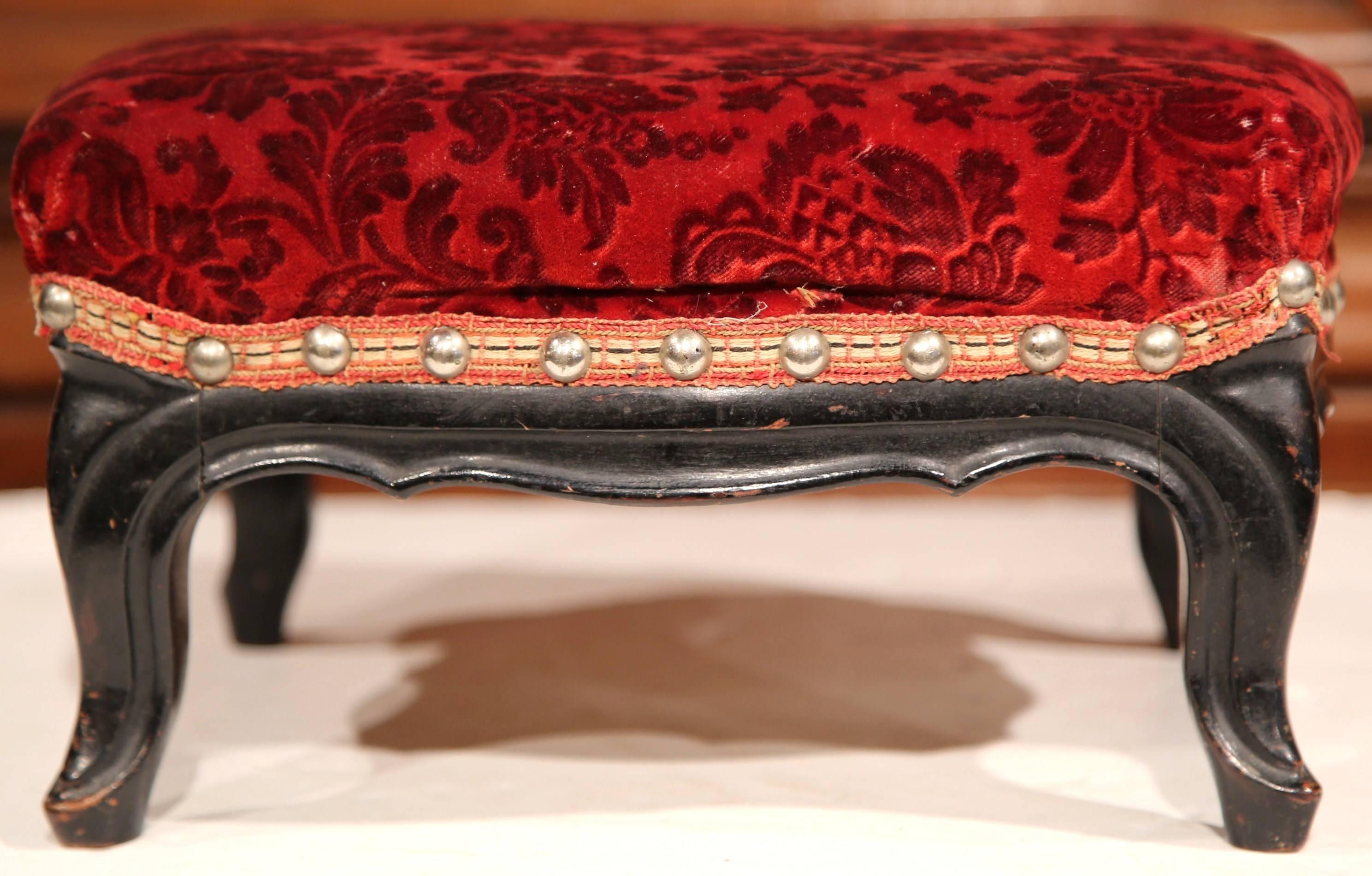 Louis XV 19th Century French Carved Ebonized Footstools with Red Velvet, Set of Six