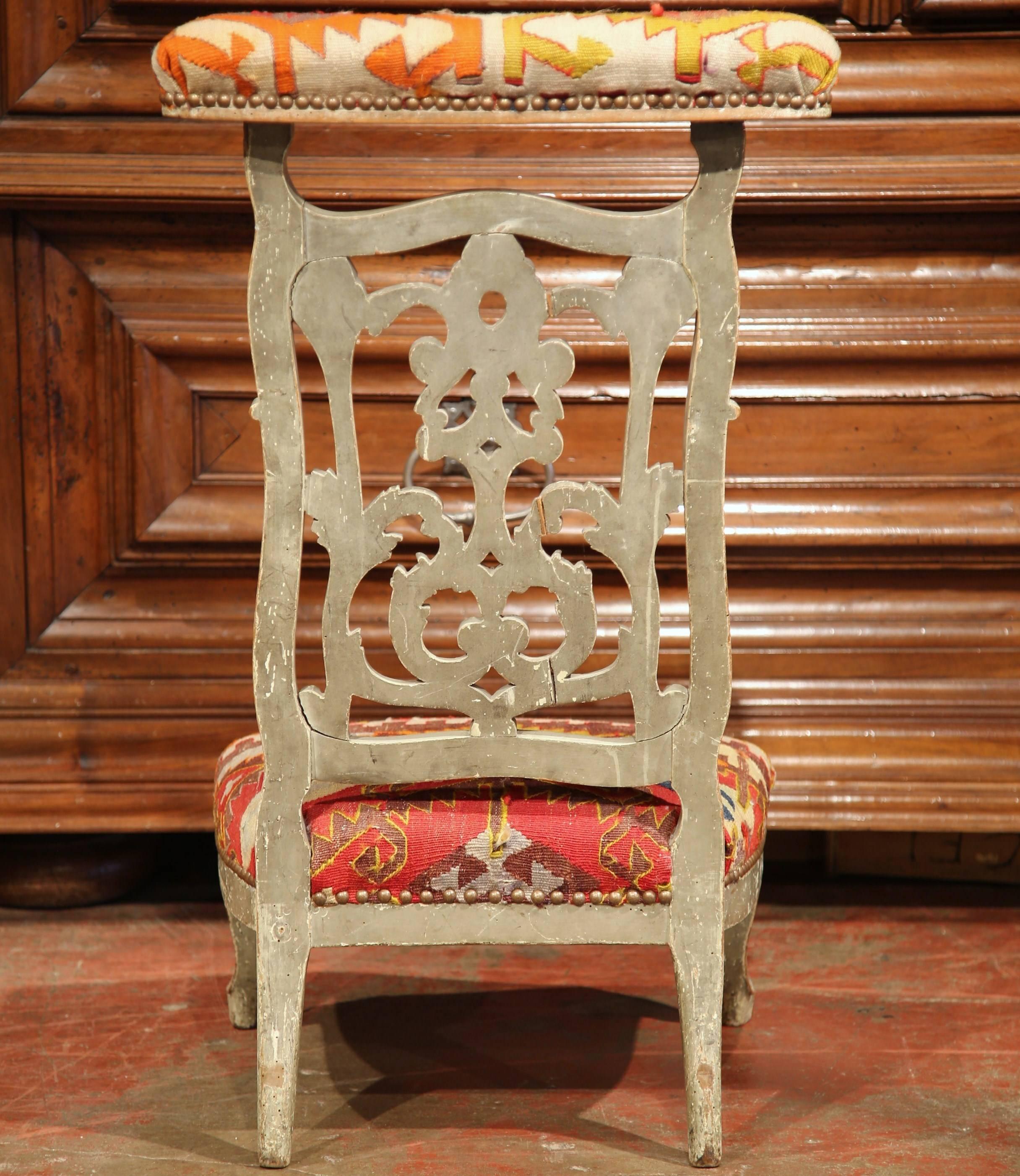 19th Century French Carved and Painted Prayer Chair with Antique Kilim Tapestry In Excellent Condition In Dallas, TX