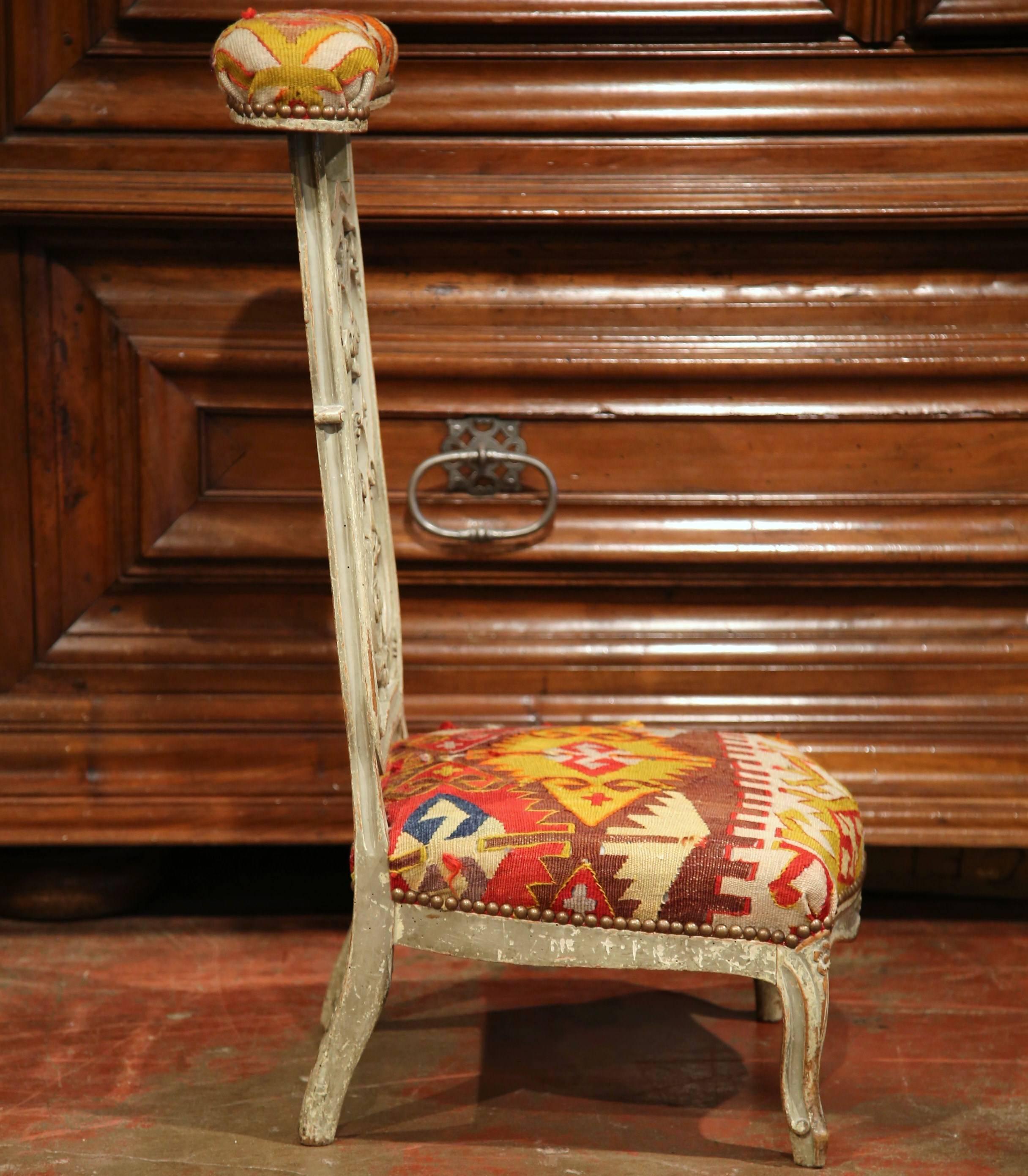 Hand-Woven 19th Century French Carved and Painted Prayer Chair with Antique Kilim Tapestry