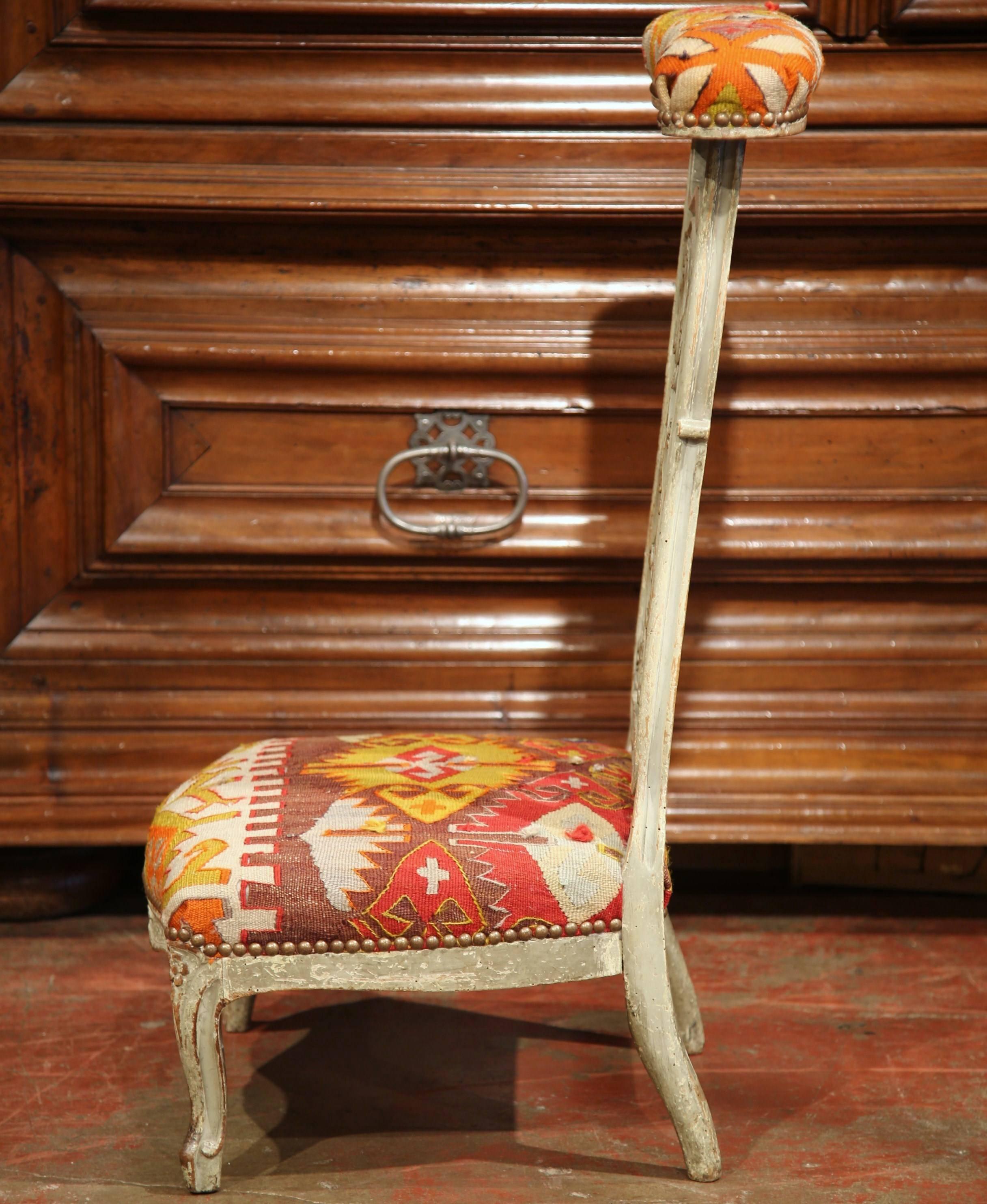 Louis XV 19th Century French Carved and Painted Prayer Chair with Antique Kilim Tapestry