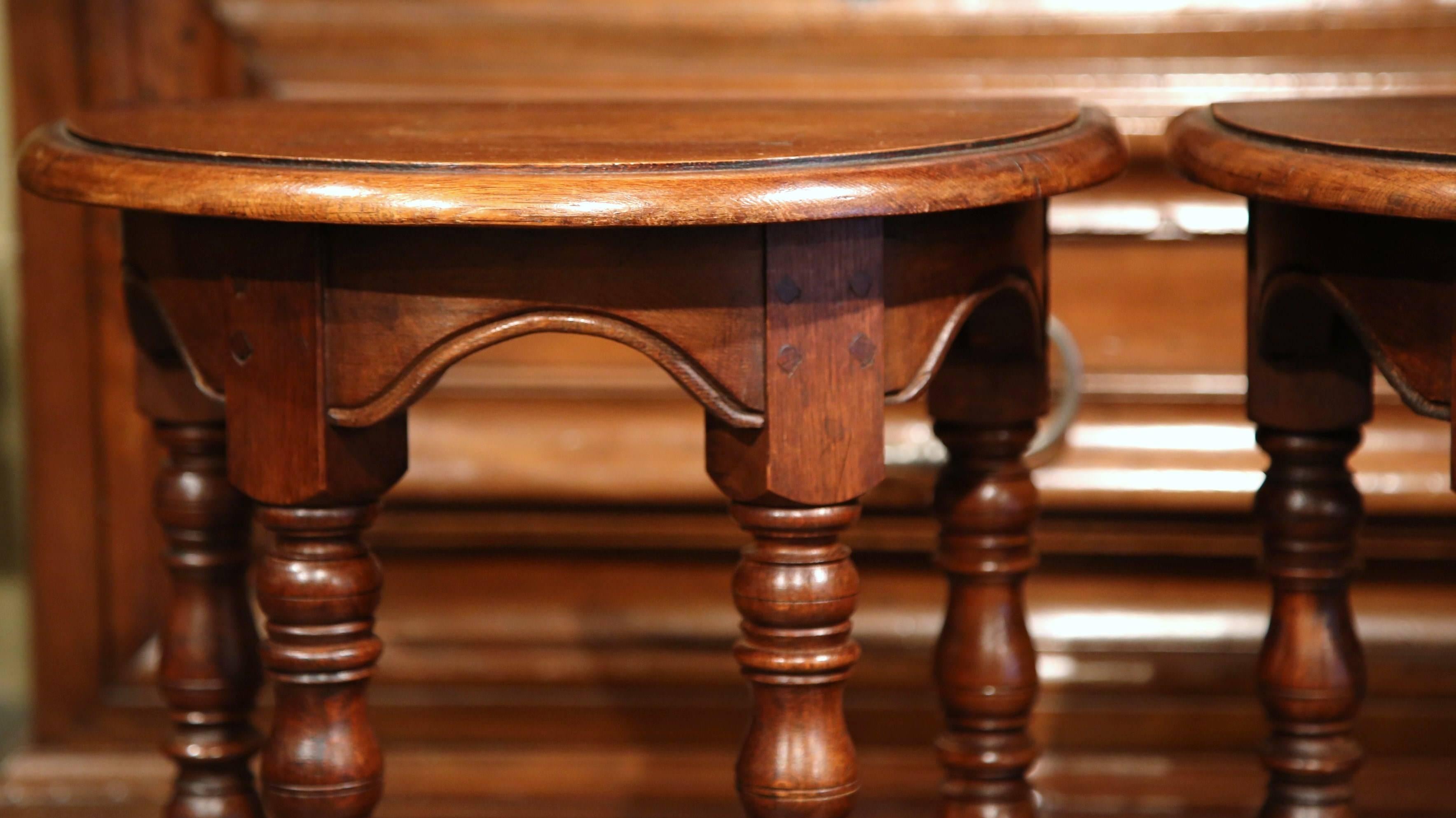 Louis XIII Pair of Mid-20th Century Carved Walnut Demilune Side Tables with Turned Legs