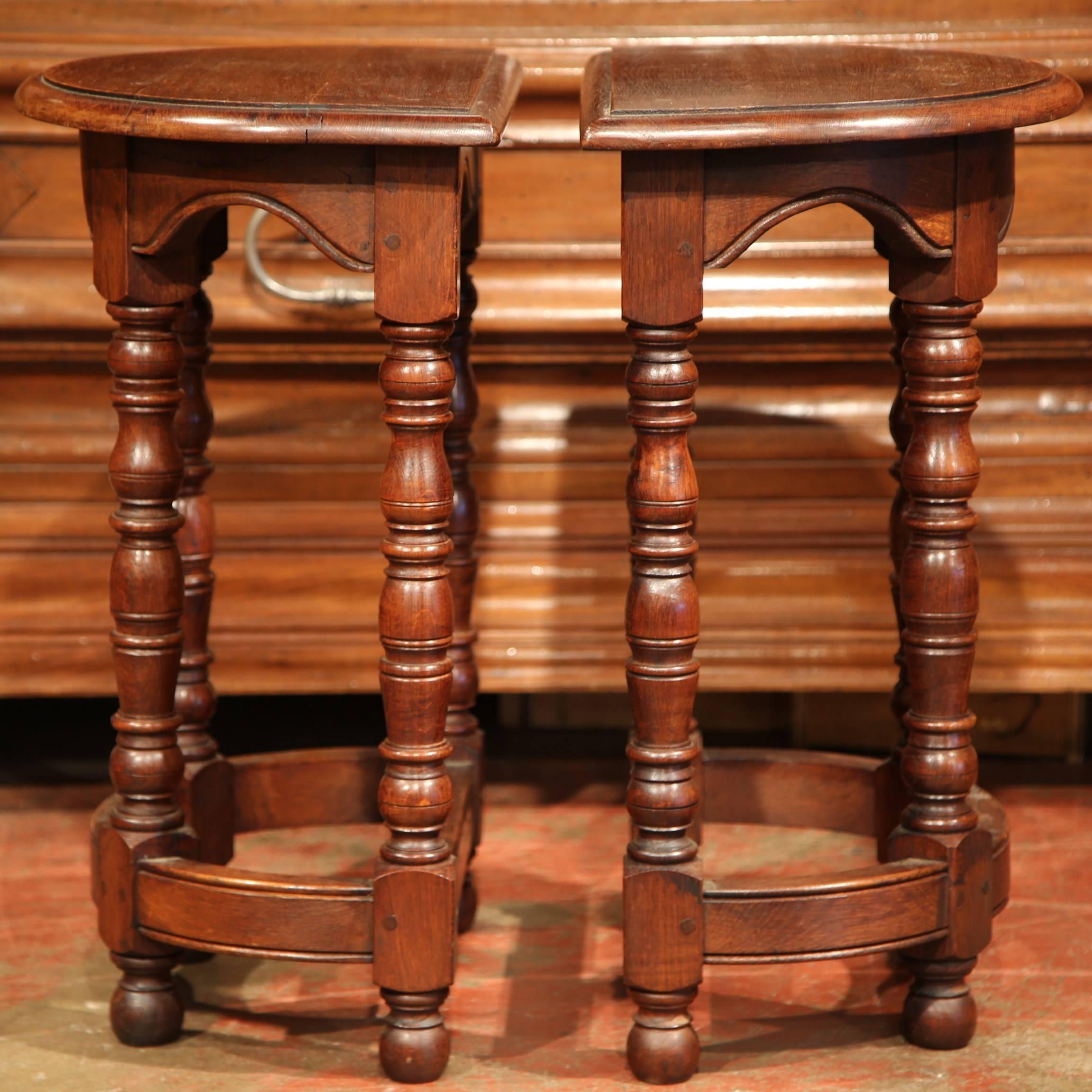 Hand-Carved Pair of Mid-20th Century Carved Walnut Demilune Side Tables with Turned Legs