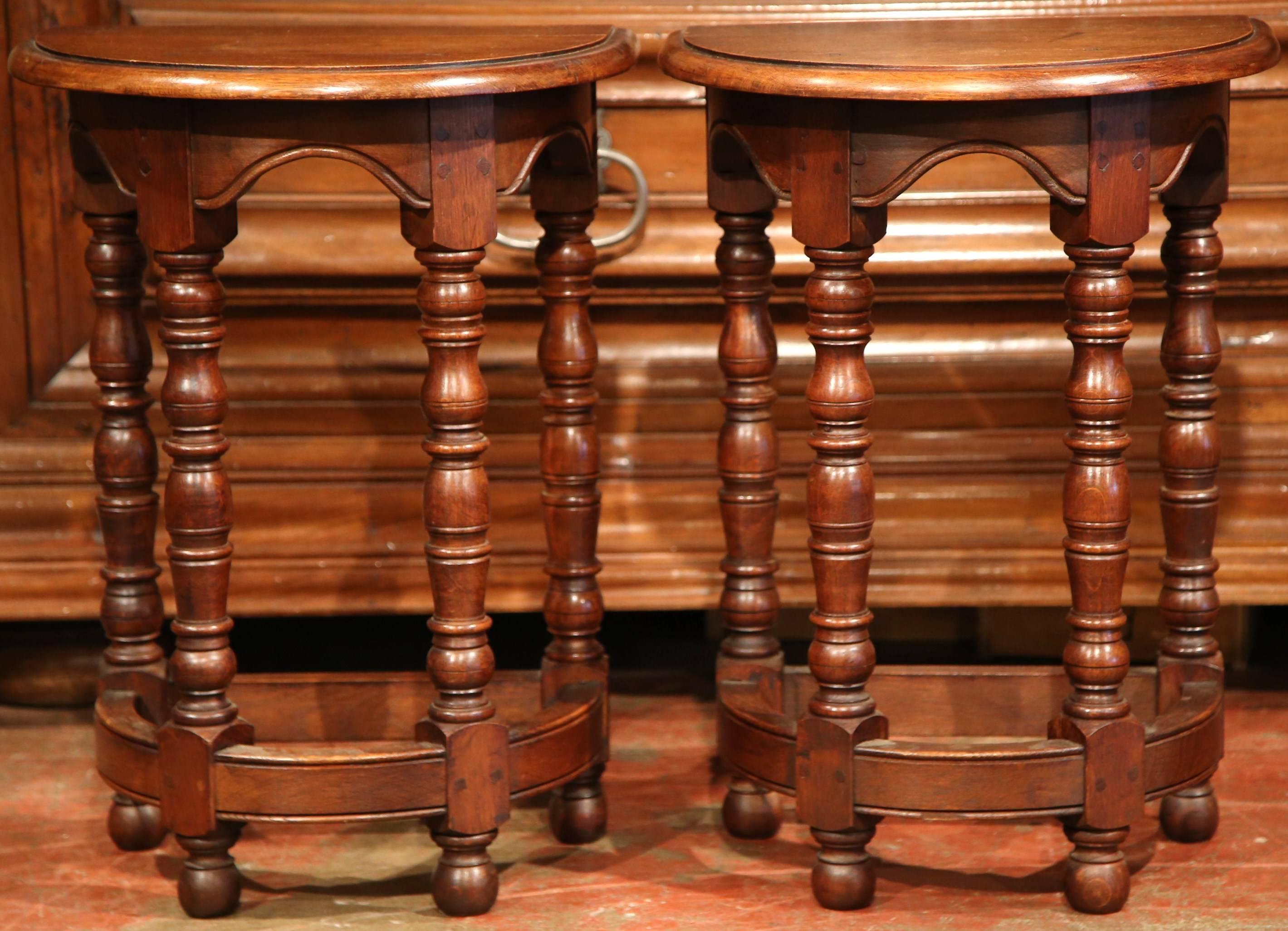 French Pair of Mid-20th Century Carved Walnut Demilune Side Tables with Turned Legs