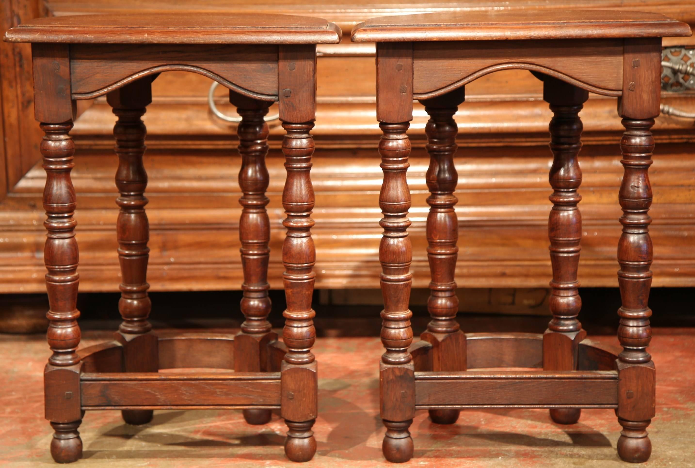 Pair of Mid-20th Century Carved Walnut Demilune Side Tables with Turned Legs 3