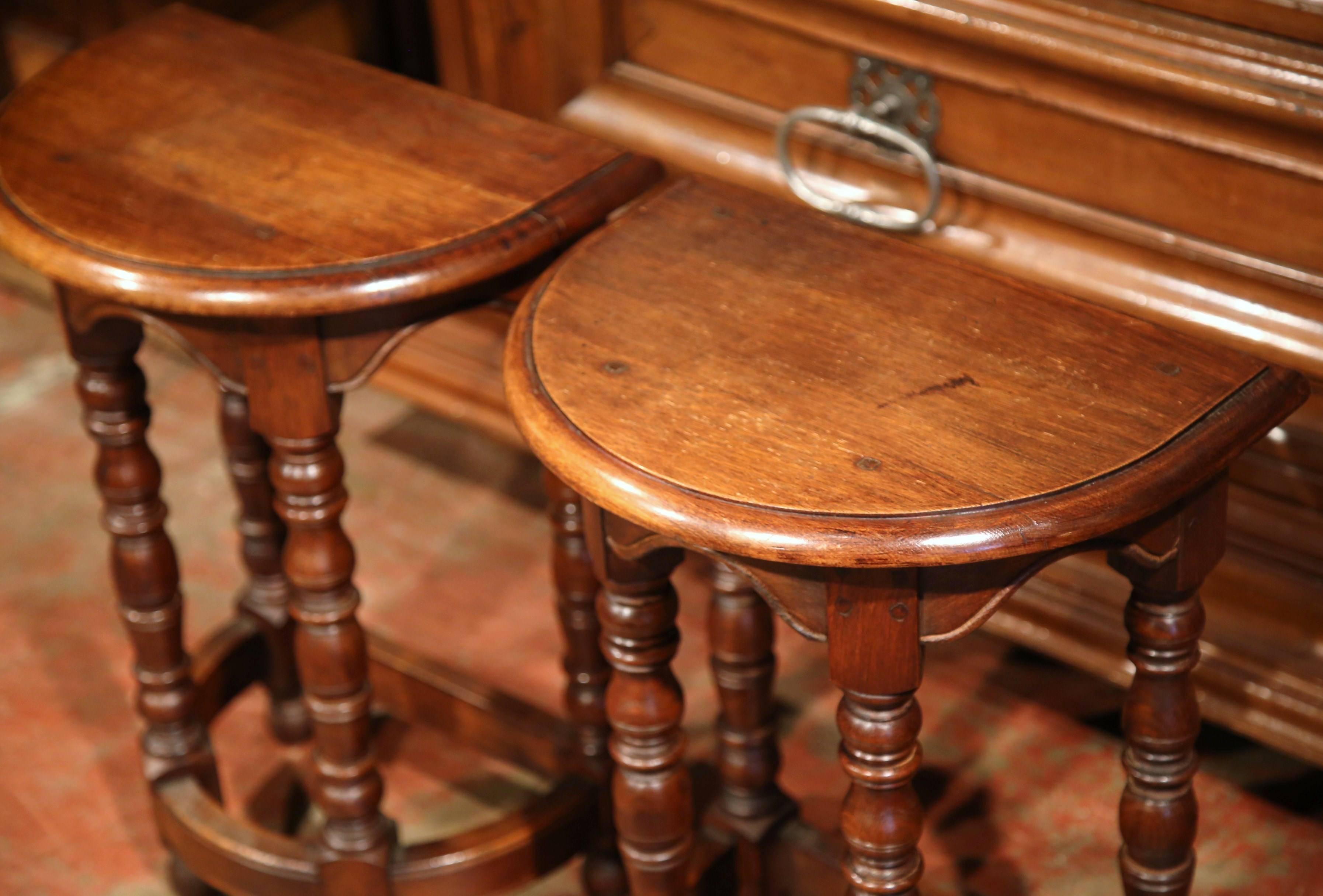 Pair of Mid-20th Century Carved Walnut Demilune Side Tables with Turned Legs In Excellent Condition In Dallas, TX