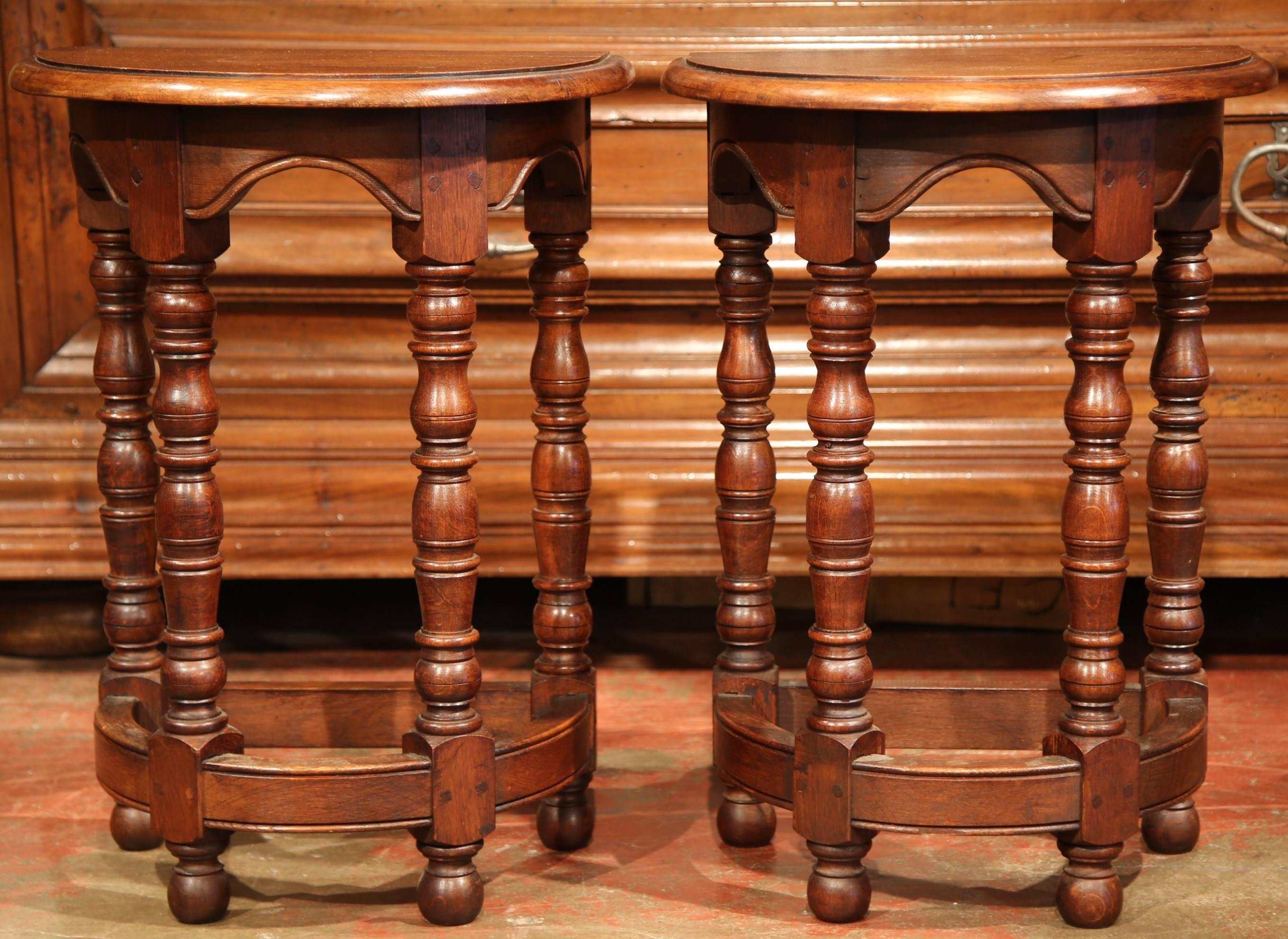 Pair of Mid-20th Century Carved Walnut Demilune Side Tables with Turned Legs 2