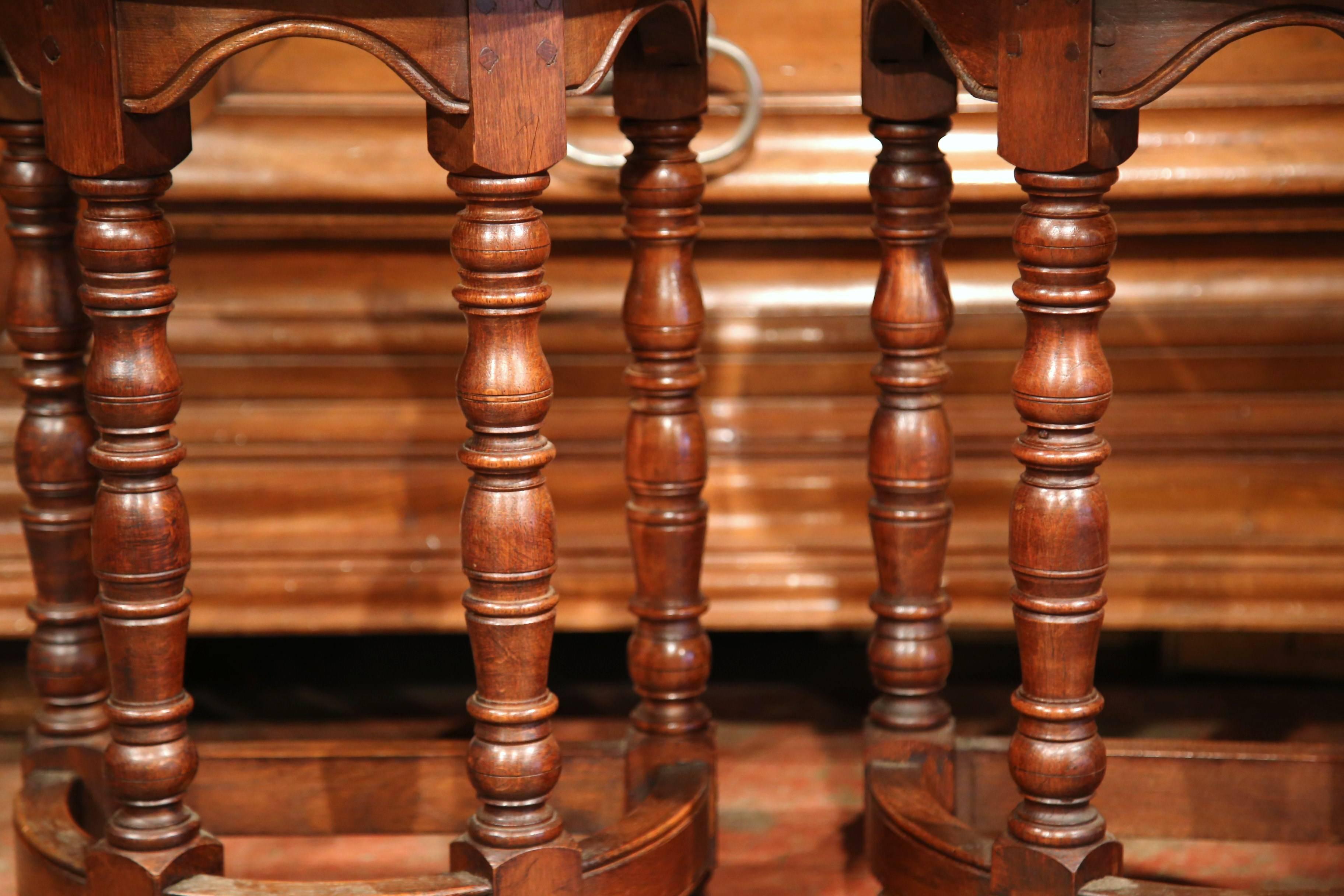 Pair of Mid-20th Century Carved Walnut Demilune Side Tables with Turned Legs 1