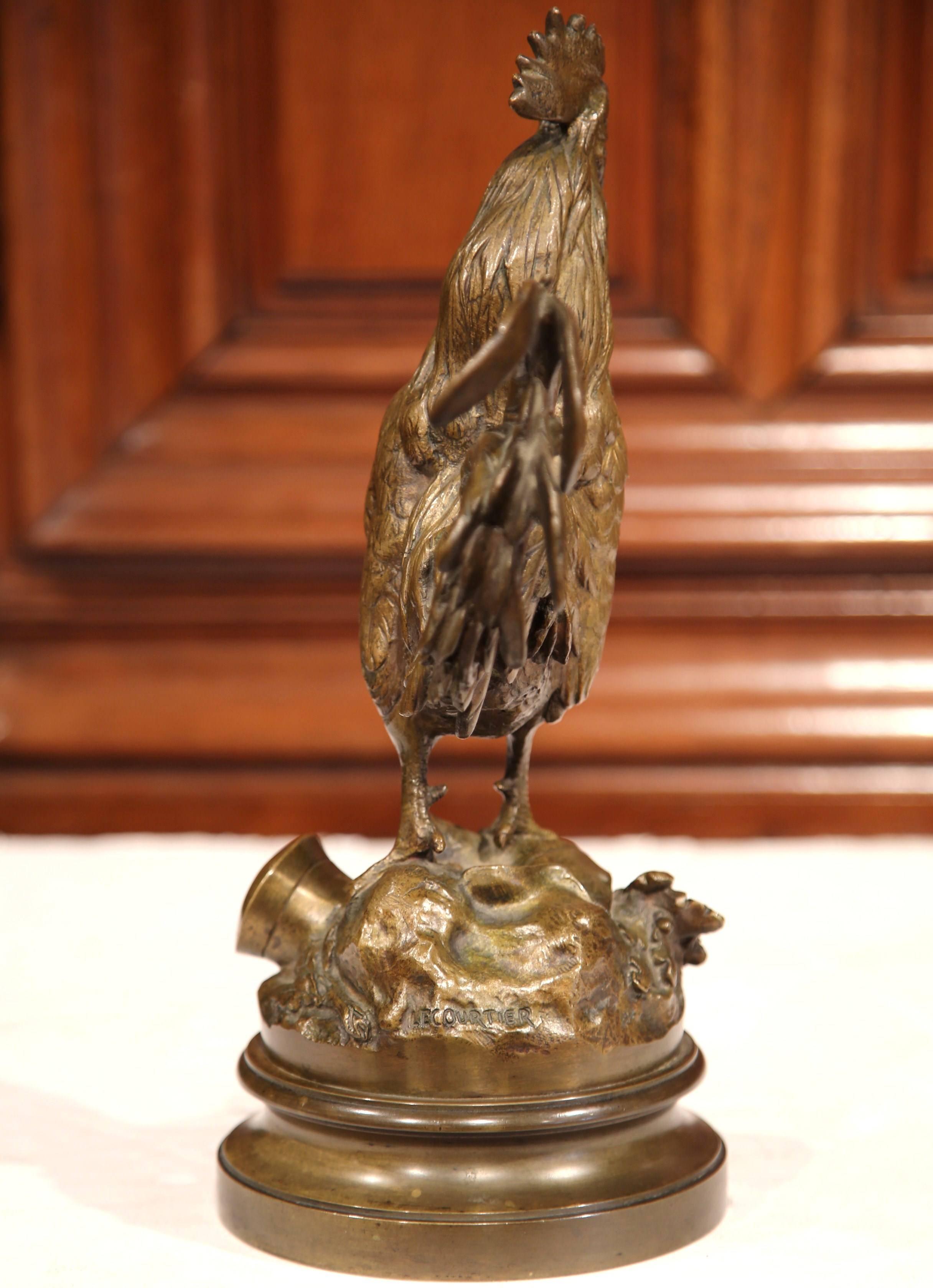 Hand-Crafted 19th Century French Patinated Rooster Bronze Sculpture Signed P. Lecourtier