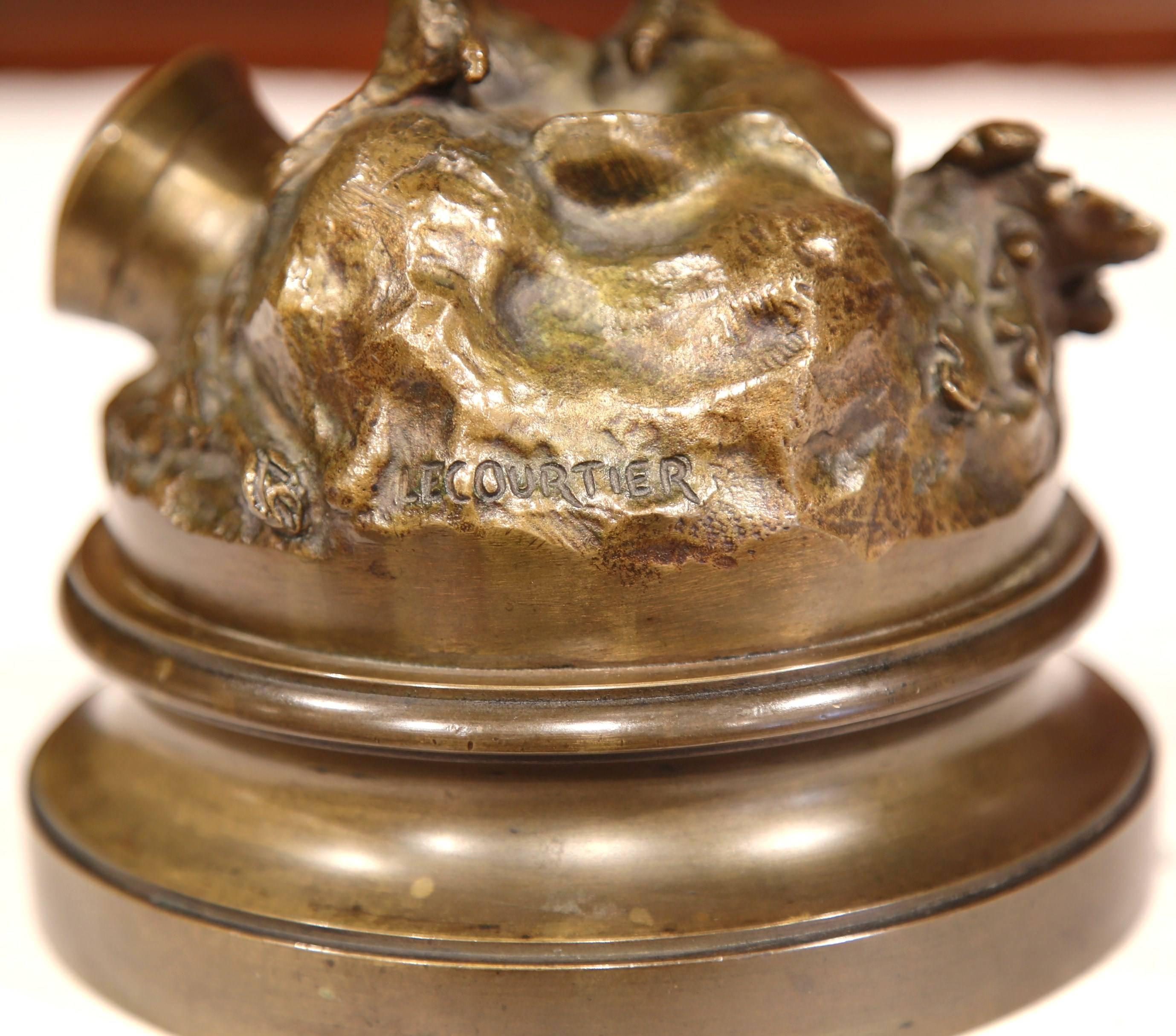 19th Century French Patinated Rooster Bronze Sculpture Signed P. Lecourtier In Excellent Condition In Dallas, TX