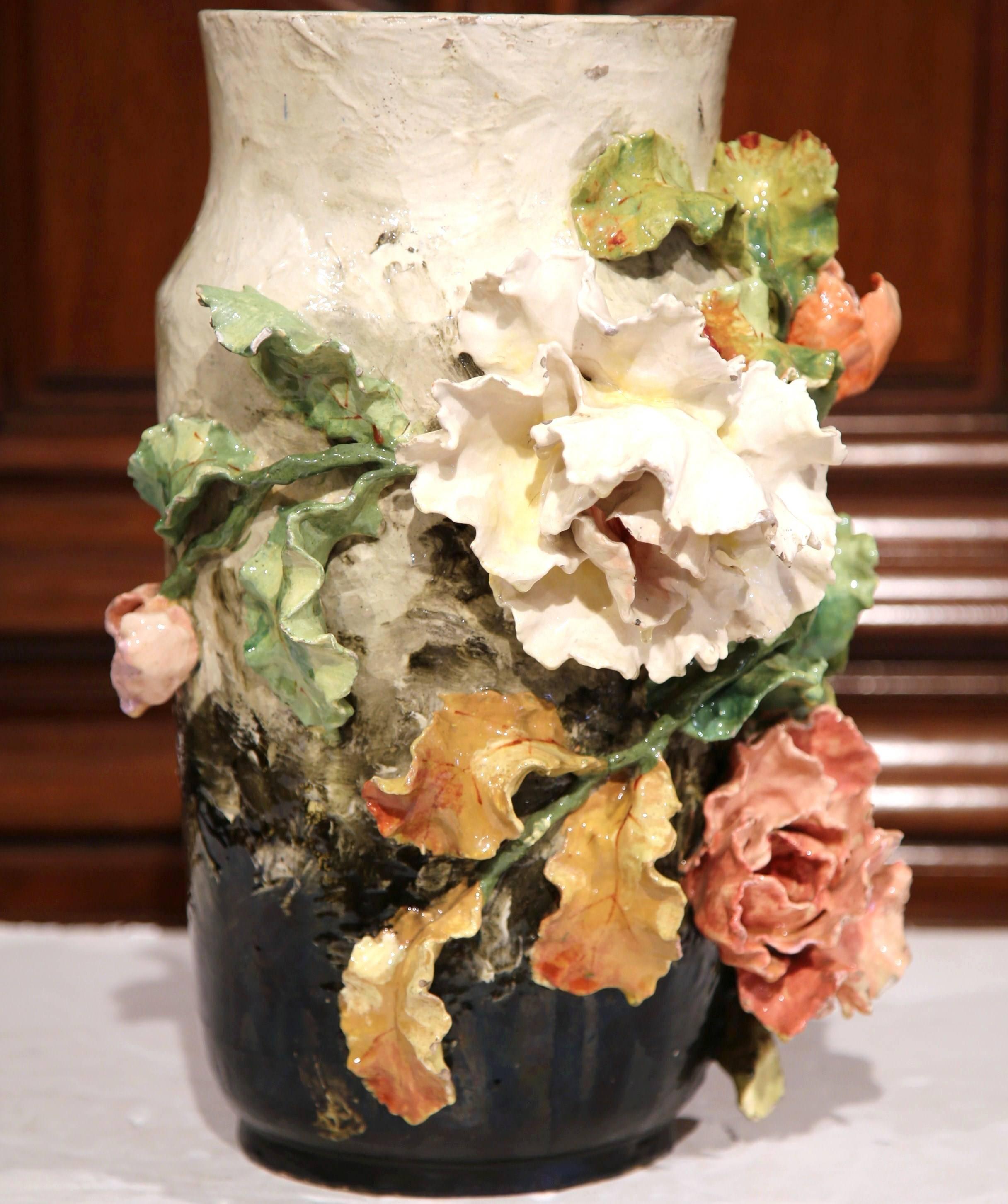 Large 19th Century French Hand-Painted Barbotine Vase with Flowers from Montigny 2