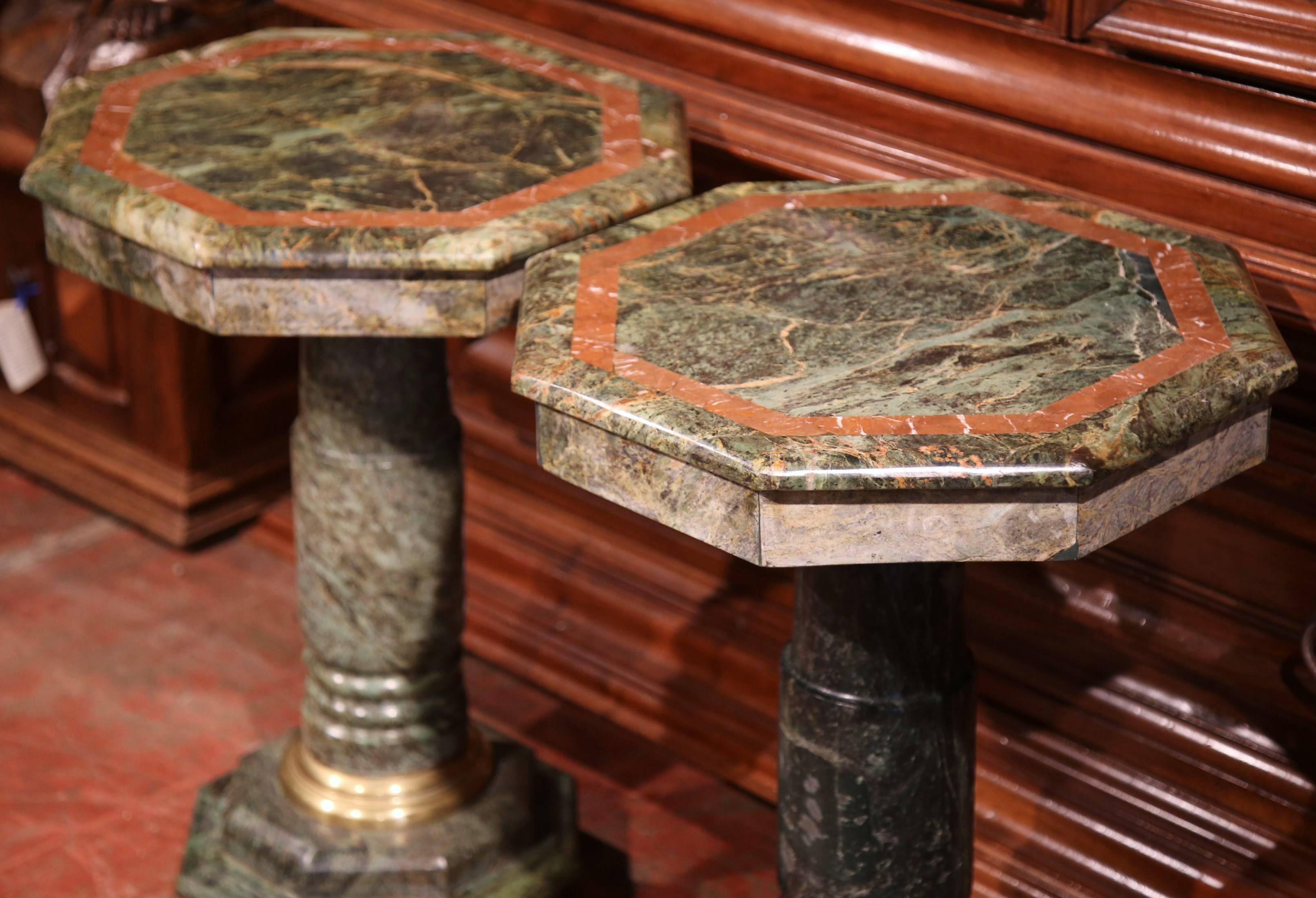 Hand-Carved Pair of 19th Century Italian Carved Marble Octagonal Pedestal Side Tables