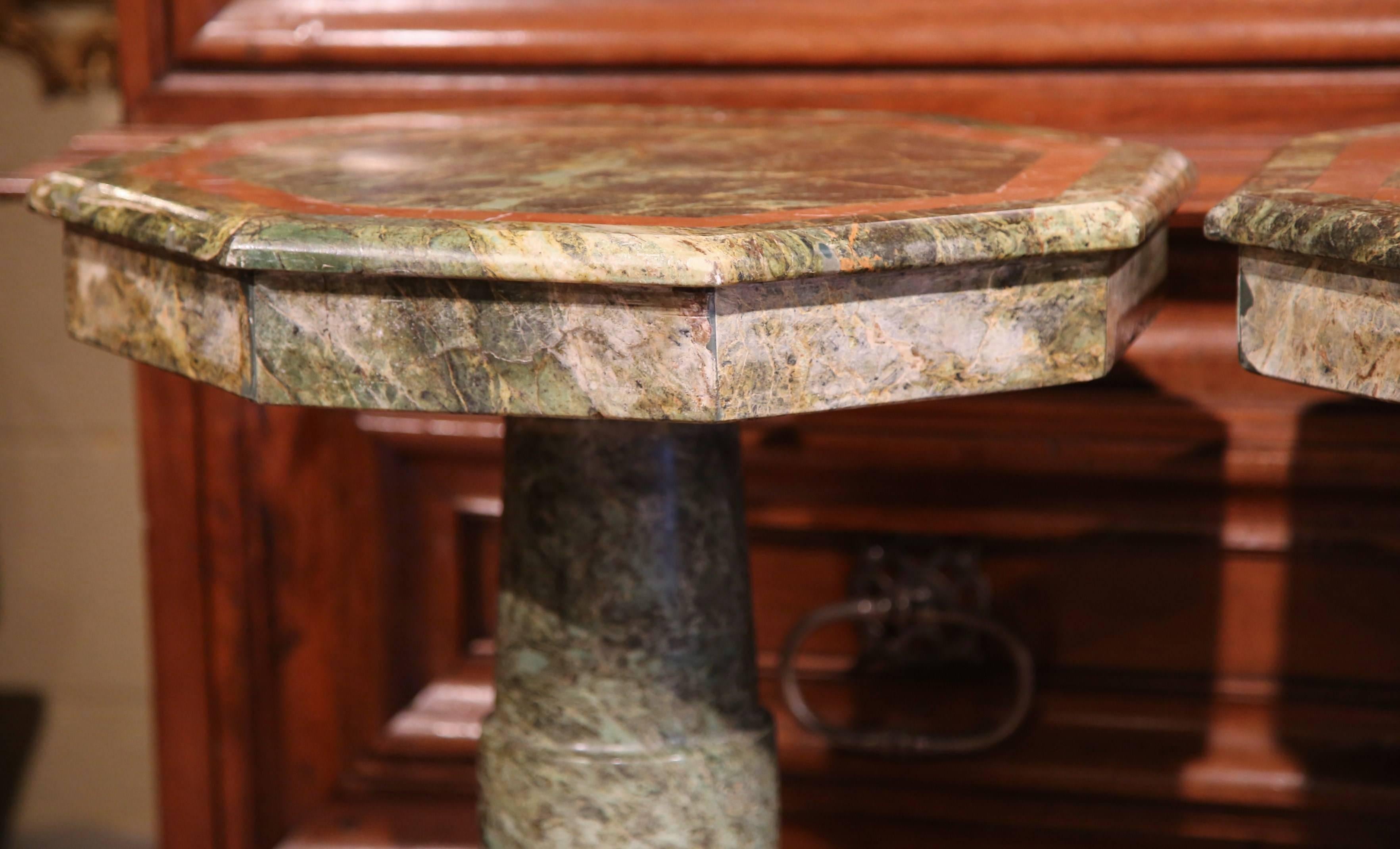 Brass Pair of 19th Century Italian Carved Marble Octagonal Pedestal Side Tables