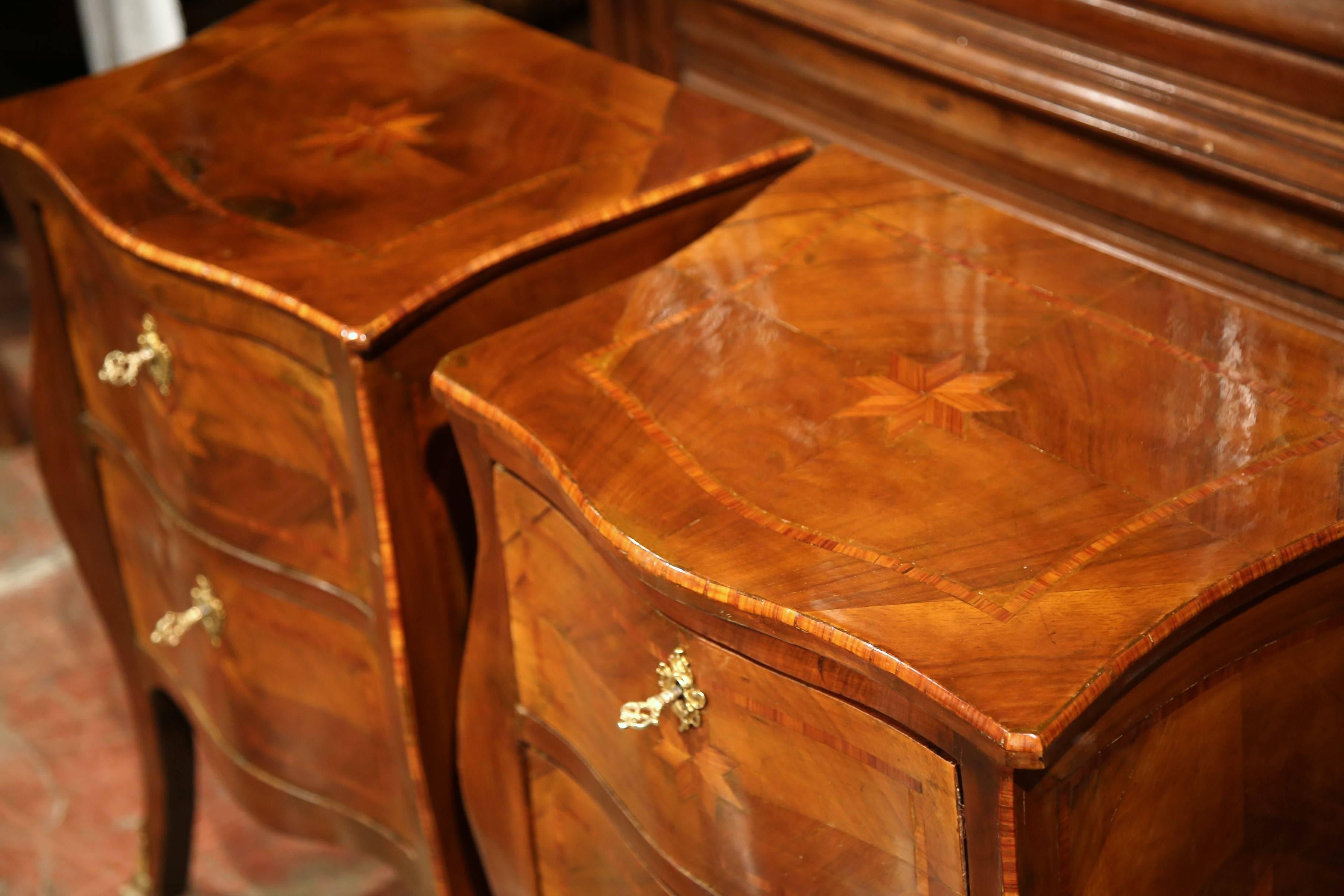Pair of 19th Century French Louis XV Carved Walnut Bedside Tables with Marquetry 3