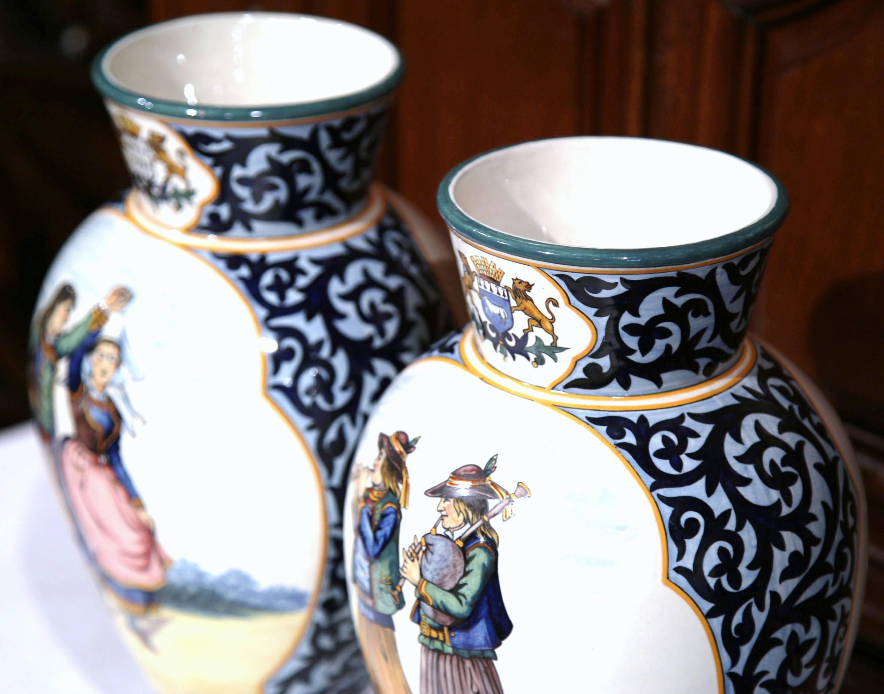 Pair of 19th Century French Painted Faience Vases Signed Henriot Quimper 4