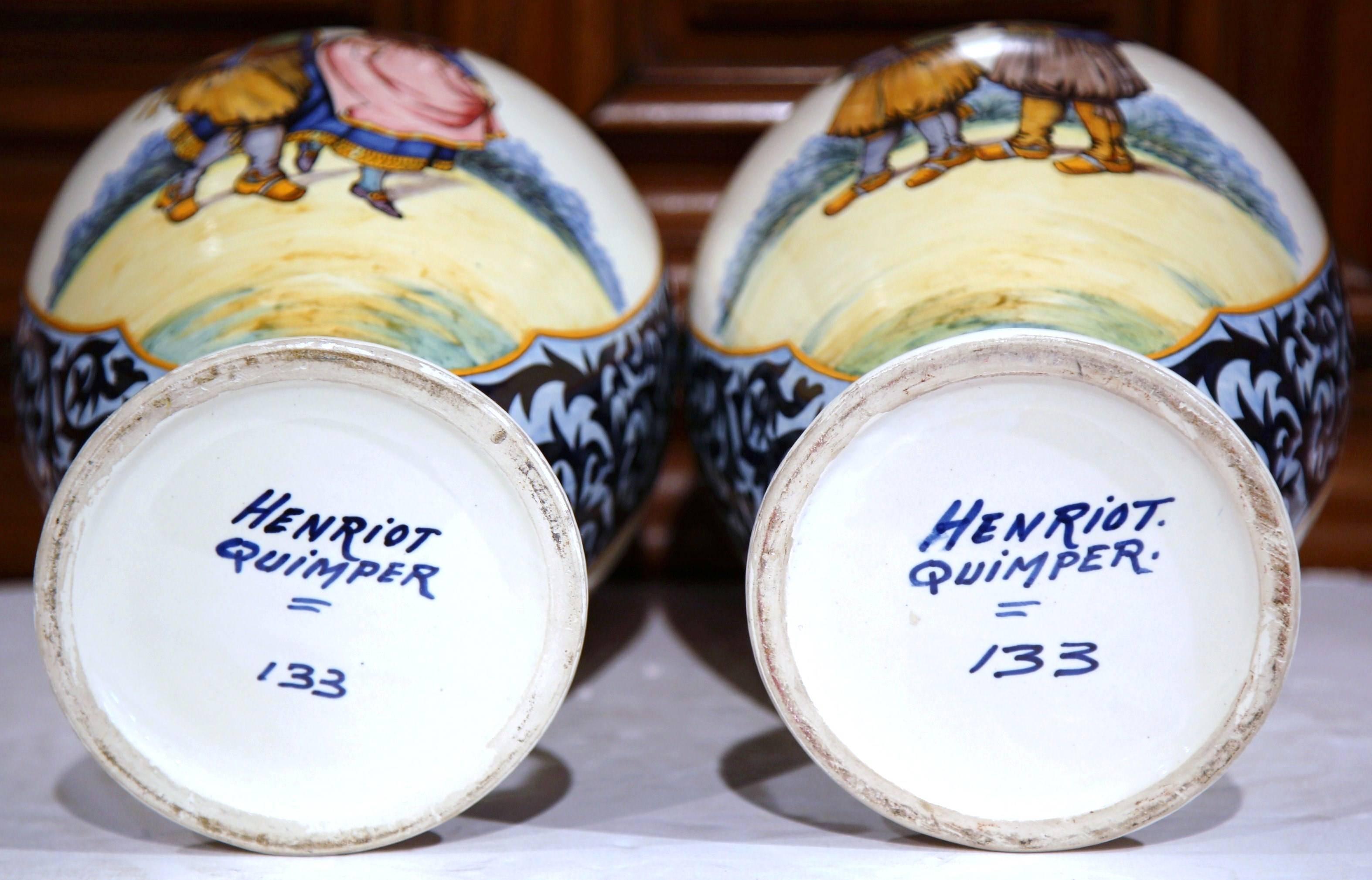 Pair of 19th Century French Painted Faience Vases Signed Henriot Quimper 6
